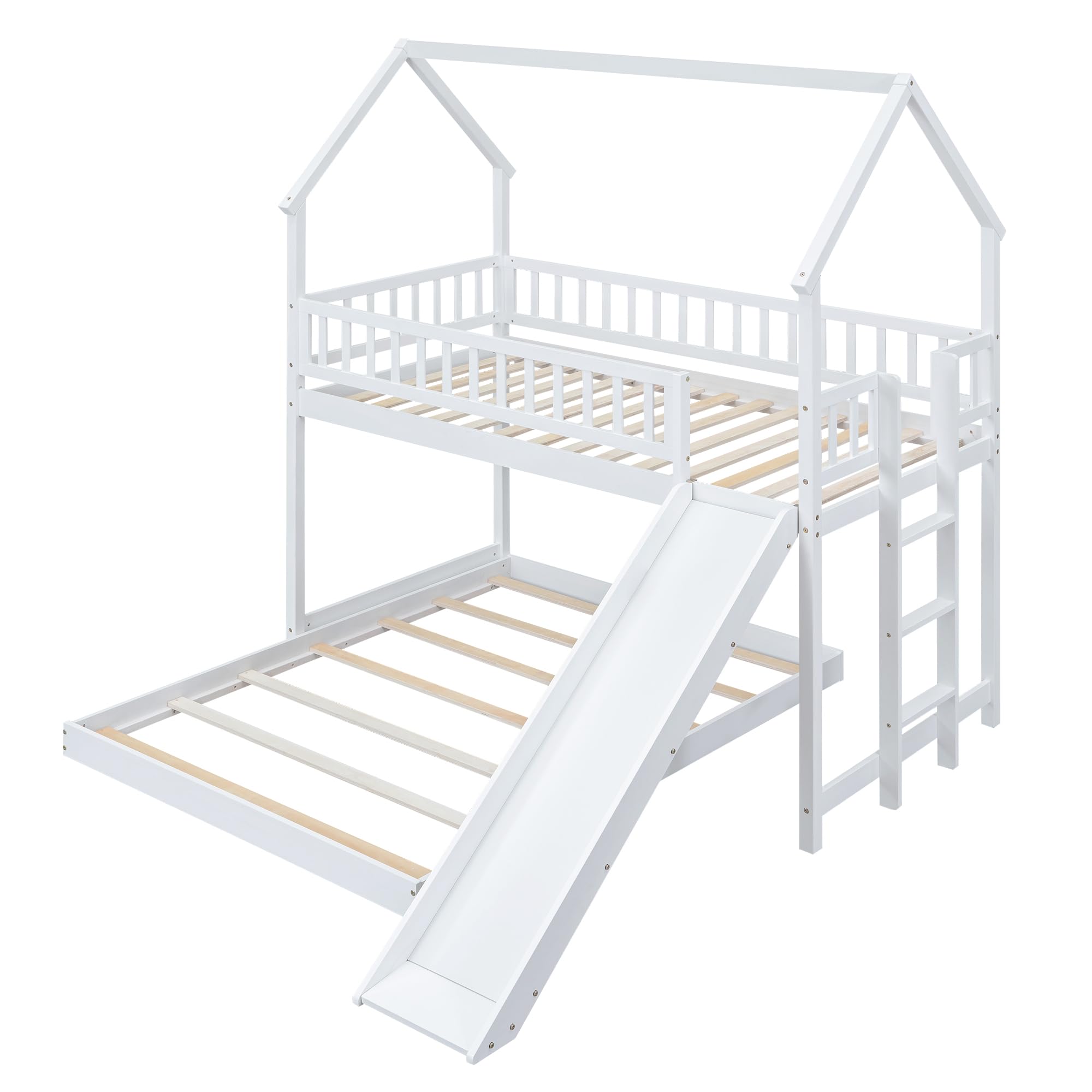 Bellemave Twin Over Full Bunk Bed with Slide - Pine Wood Loft Bed with Roof & Guardrail for Kids & Teens - Sturdy No Box Spring Needed - White - Perfect for Bedrooms, Playrooms & Small Spaces