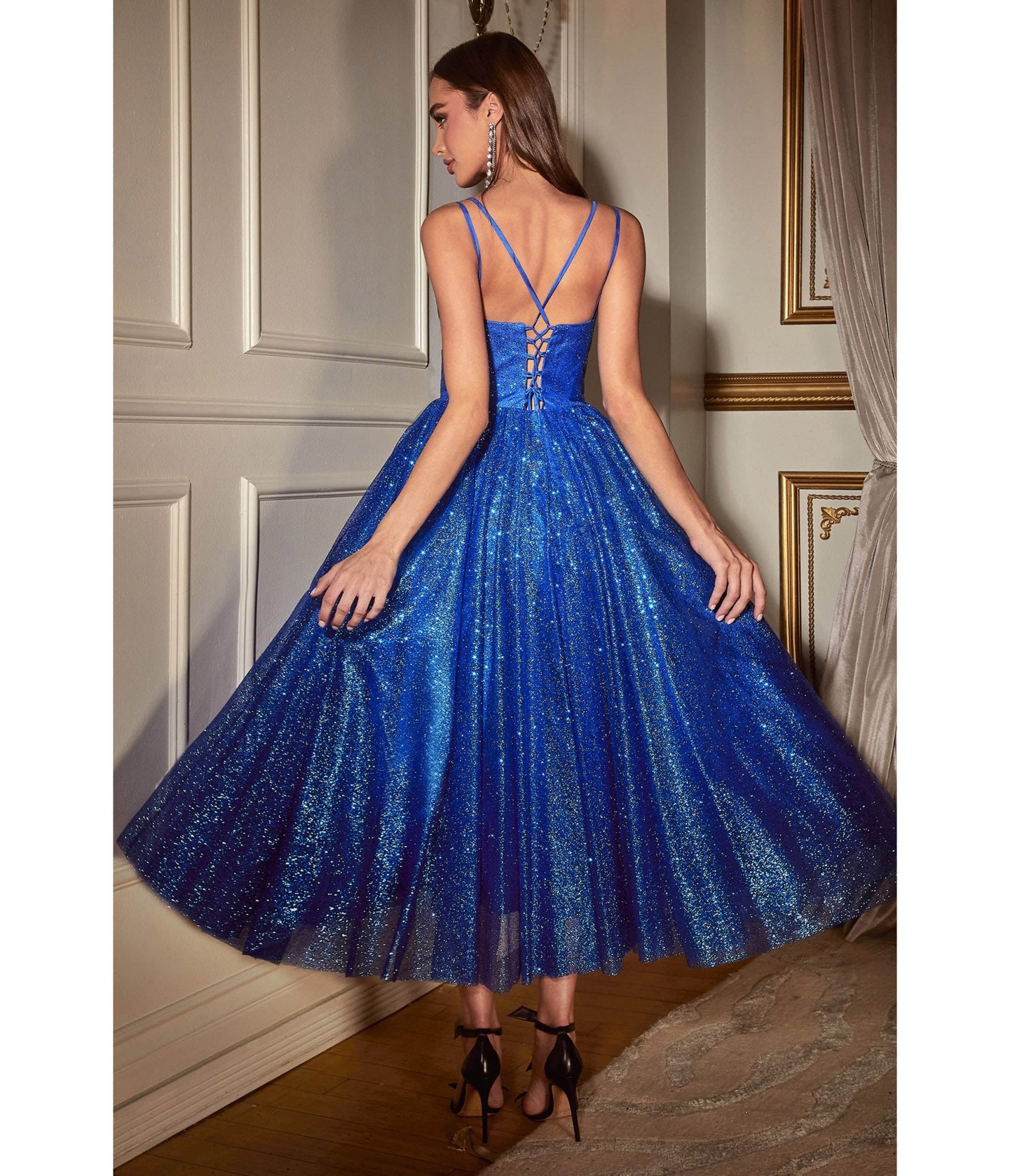 Ladivine by Cinderella Divine Royal Blue Glitter Sleeveless Tea Length Ball Gown Dress for Prom, Homecoming, Pageant & Special Occasions