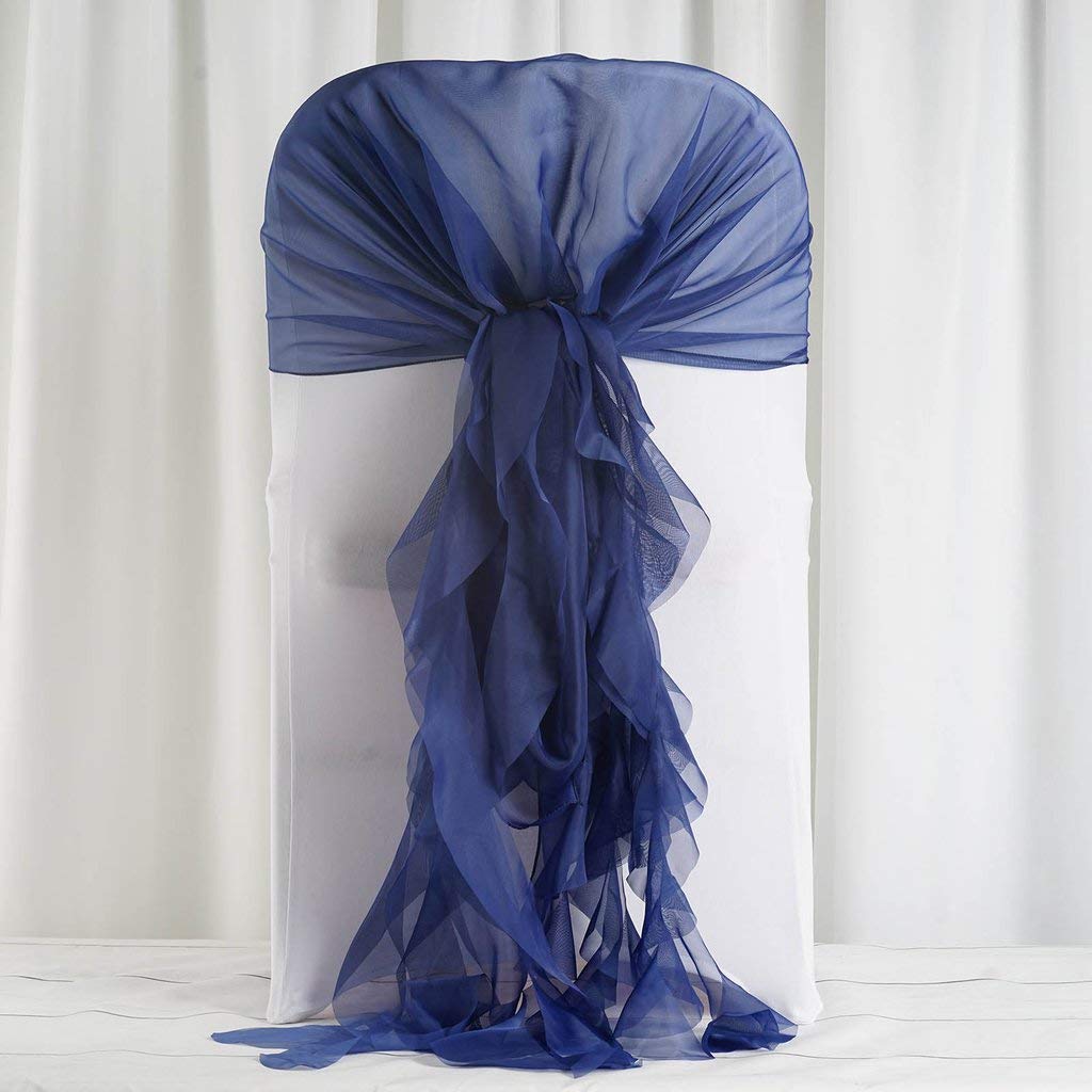 50 Navy Blue Premium Curly Chiffon Chair Covers with Sashes - Elegant Wedding, Party, Ceremony & Reception Decorations - Perfect for Banquet Halls, Bridal Showers and Special Events