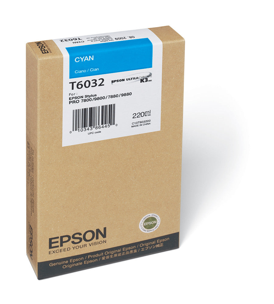 Epson T603200 220ml Cyan Ink Cartridge - Compatible with Epson 7800/7880/9800/9880 Printers - High-Quality Photo & Graphic Printing for Professional Studios & Offices