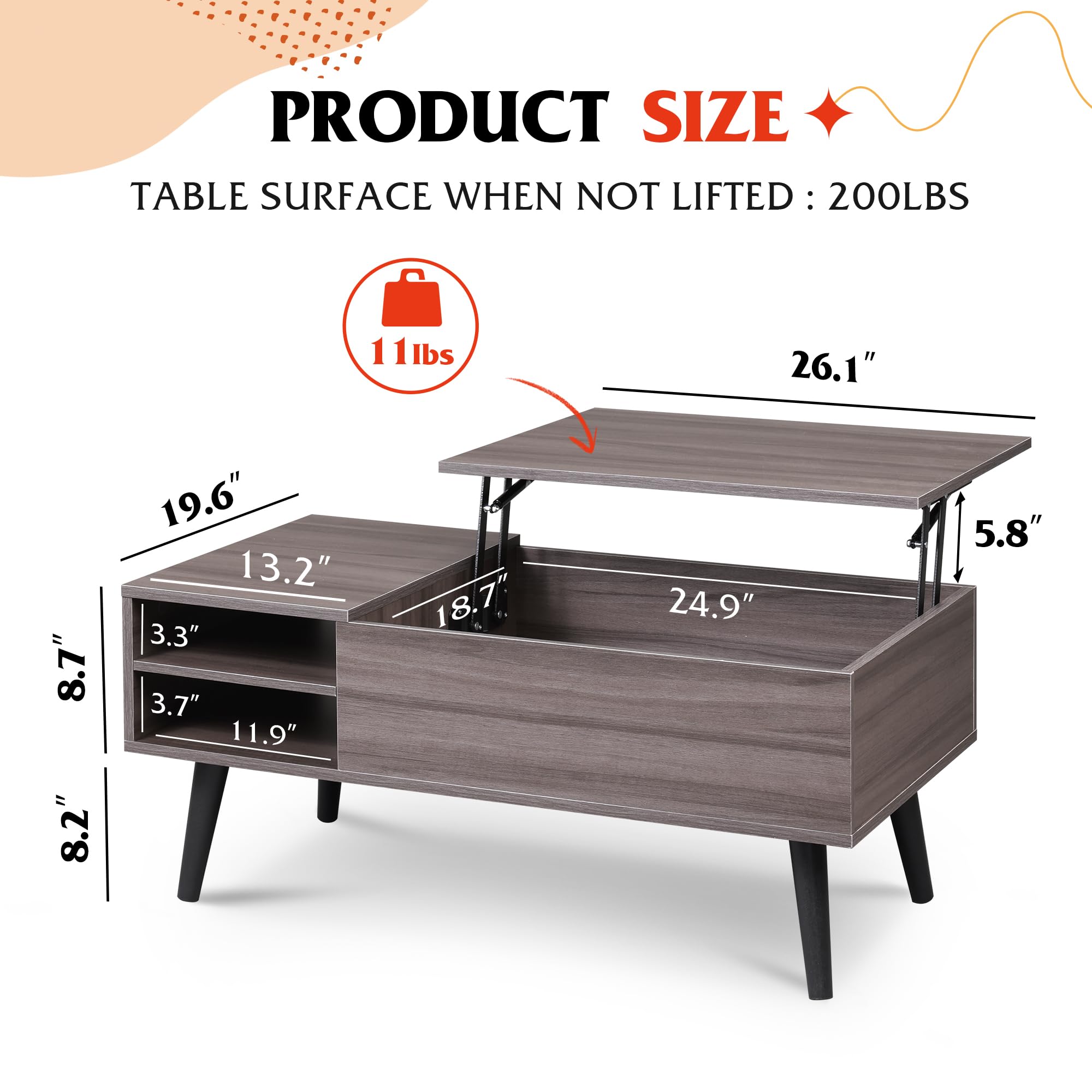 WLIVE Lift Top Coffee Table with Storage - Modern Mid Century Wooden Side Table with Hidden Compartment & Adjustable Shelf for Living Room, Bedroom, Office - Grey Home Decor Furniture
