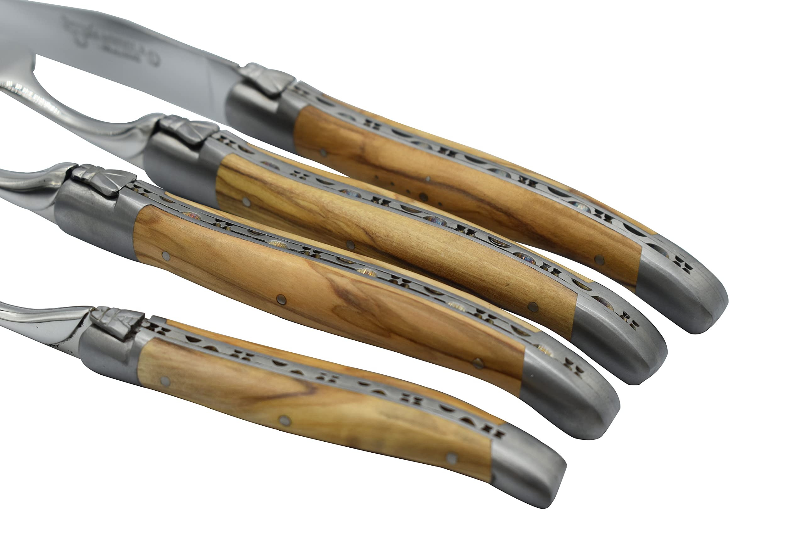 Premium Laguiole en Aubrac 24-Piece Flatware Set - 6 Steak Knives, 6 Forks, 6 Soup Spoons & 6 Teaspoons with Olive Wood Handles & Stainless Steel Brushed Bolsters - Elegant Cutlery for Fine Dining, Wedding Gifts & Luxury Kitchen Essentials