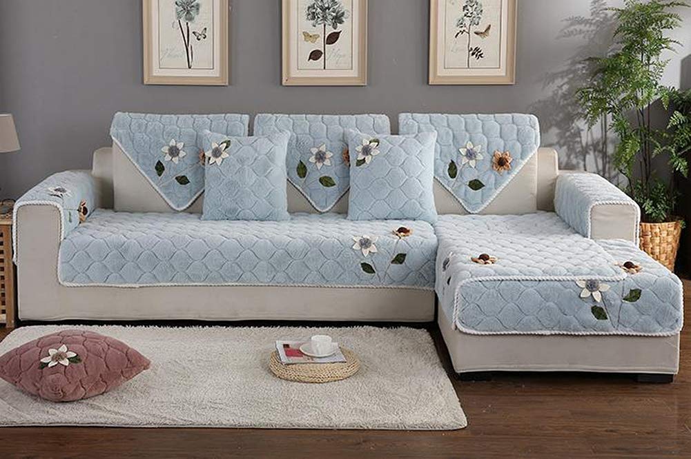 Flower Embroidered Quilted Sofa Slipcover - 36x63 Inch Pale Blue Couch Cover for Sectional, Futon & Recliner | Winter Furniture Protector | Pet-Friendly Living Room Decor | Perfect for Cozy Home & Family Gatherings