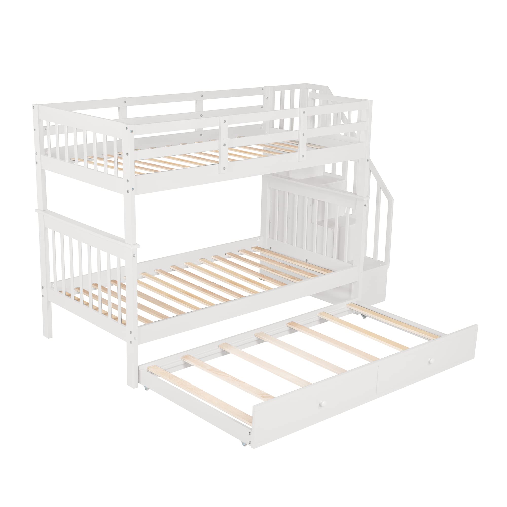 Harper & Bright Designs Twin Over Twin Bunk Bed with Trundle, Storage Shelf, Stairs & Guard Rail - Solid Wood Bunk Bed Frame for Kids, Teens & Adults - Perfect for Small Bedrooms, Guest Rooms & Vacation Homes (White)