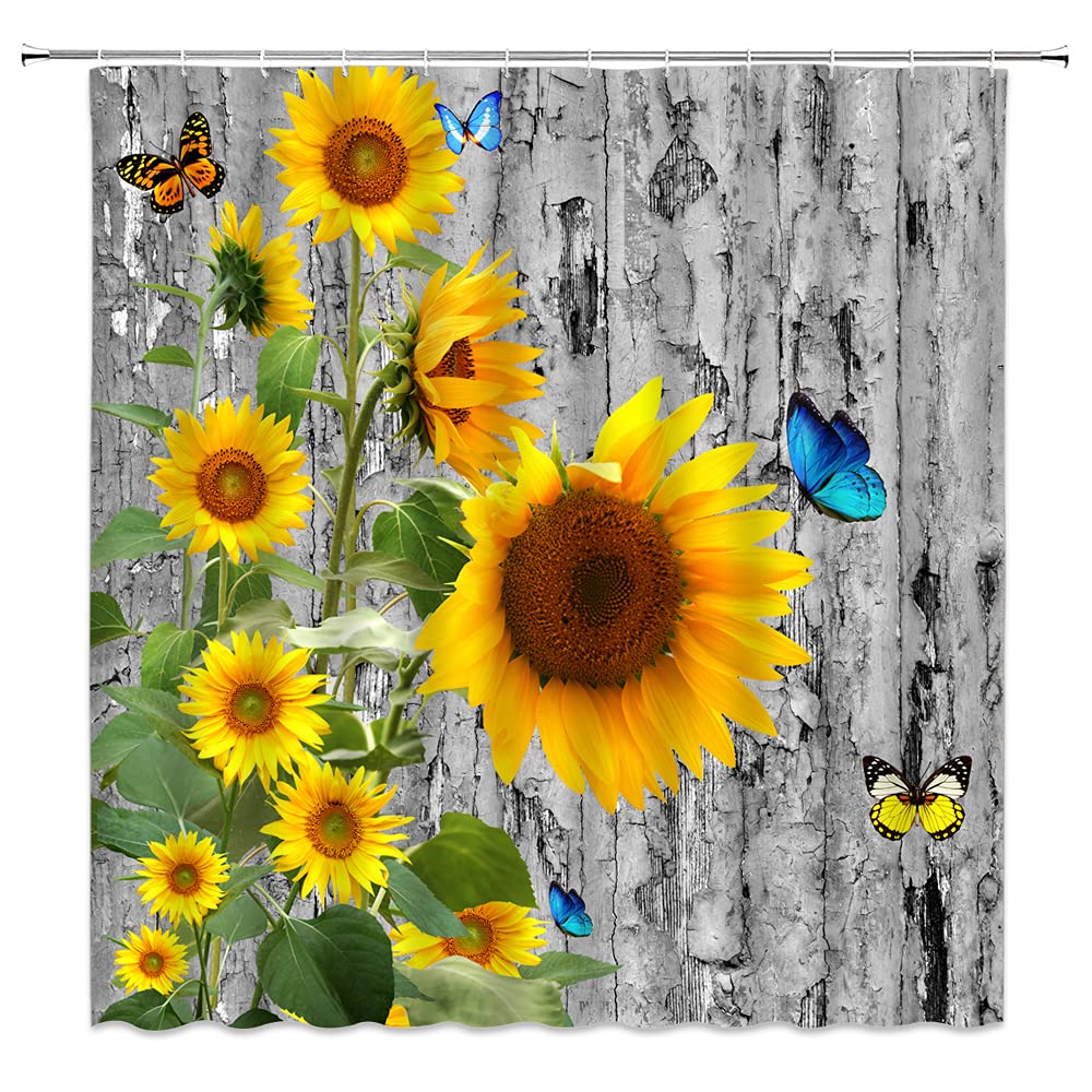 WZFashion Sunflower Shower Curtain - Vintage Butterfly Floral Design with Rustic Wooden Board & Green Leaves - 70x70 Inches Waterproof Bathroom Curtain with Hooks - Perfect for Farmhouse, Cottage & Boho Style Bathrooms (Spring/Summer Decor)