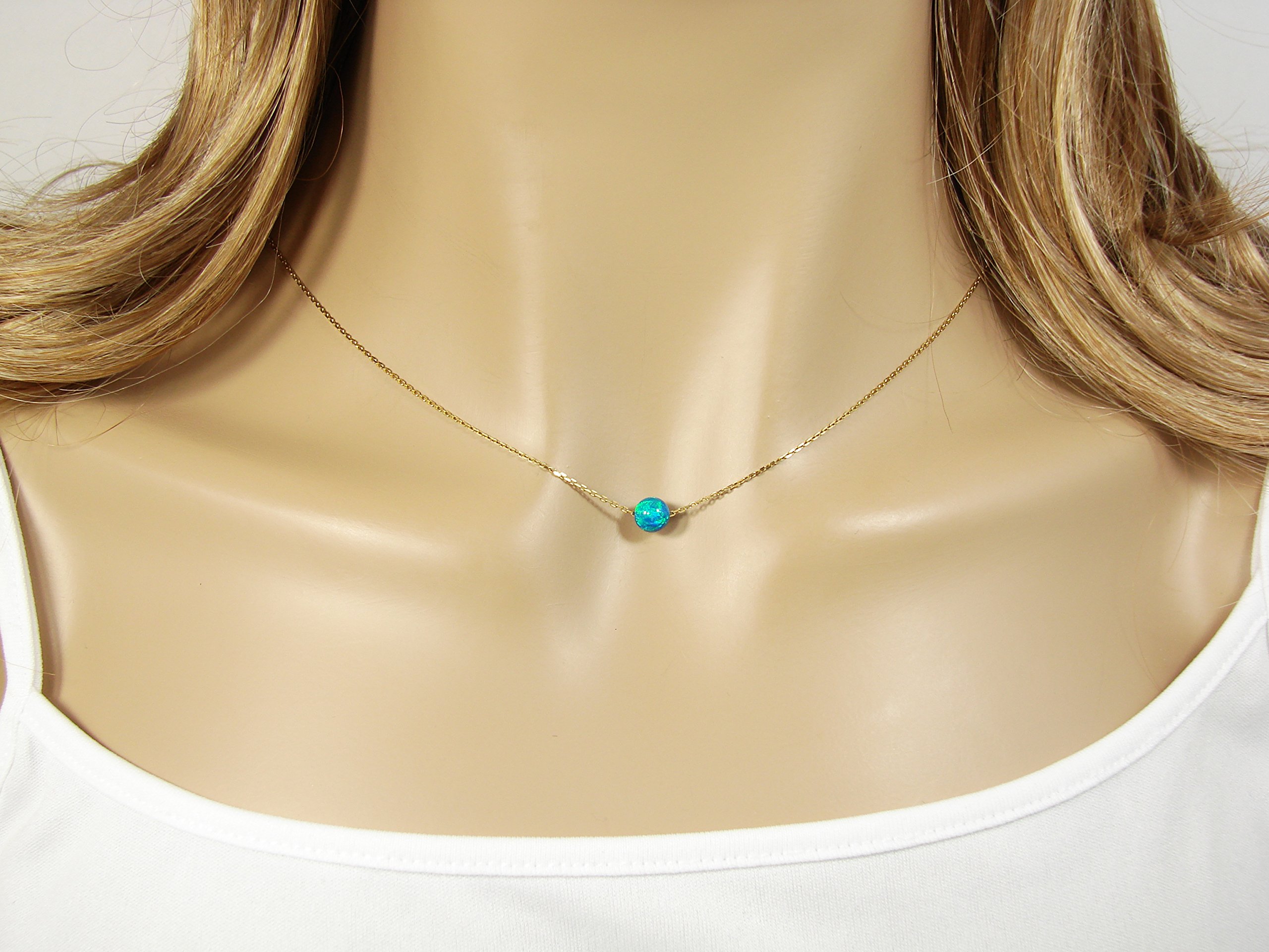 Peacock Blue Opal Ball Gold Plated Sterling Silver Necklace - Elegant Little Opal Bead Dot Necklace for Everyday Wear & Special Occasions