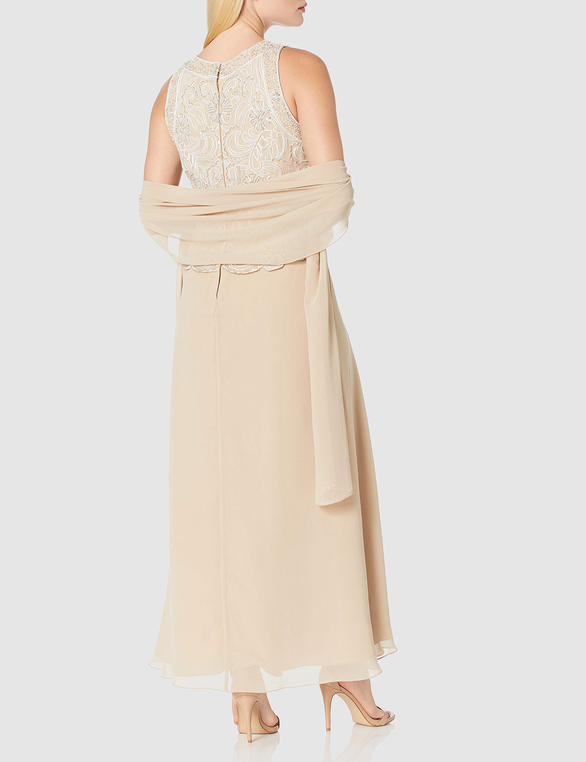 J Kara Women's Sleeveless Scallop Long Beaded Dress with Scarf - Petite Size Formal Evening Gown for Wedding, Party & Special Occasions