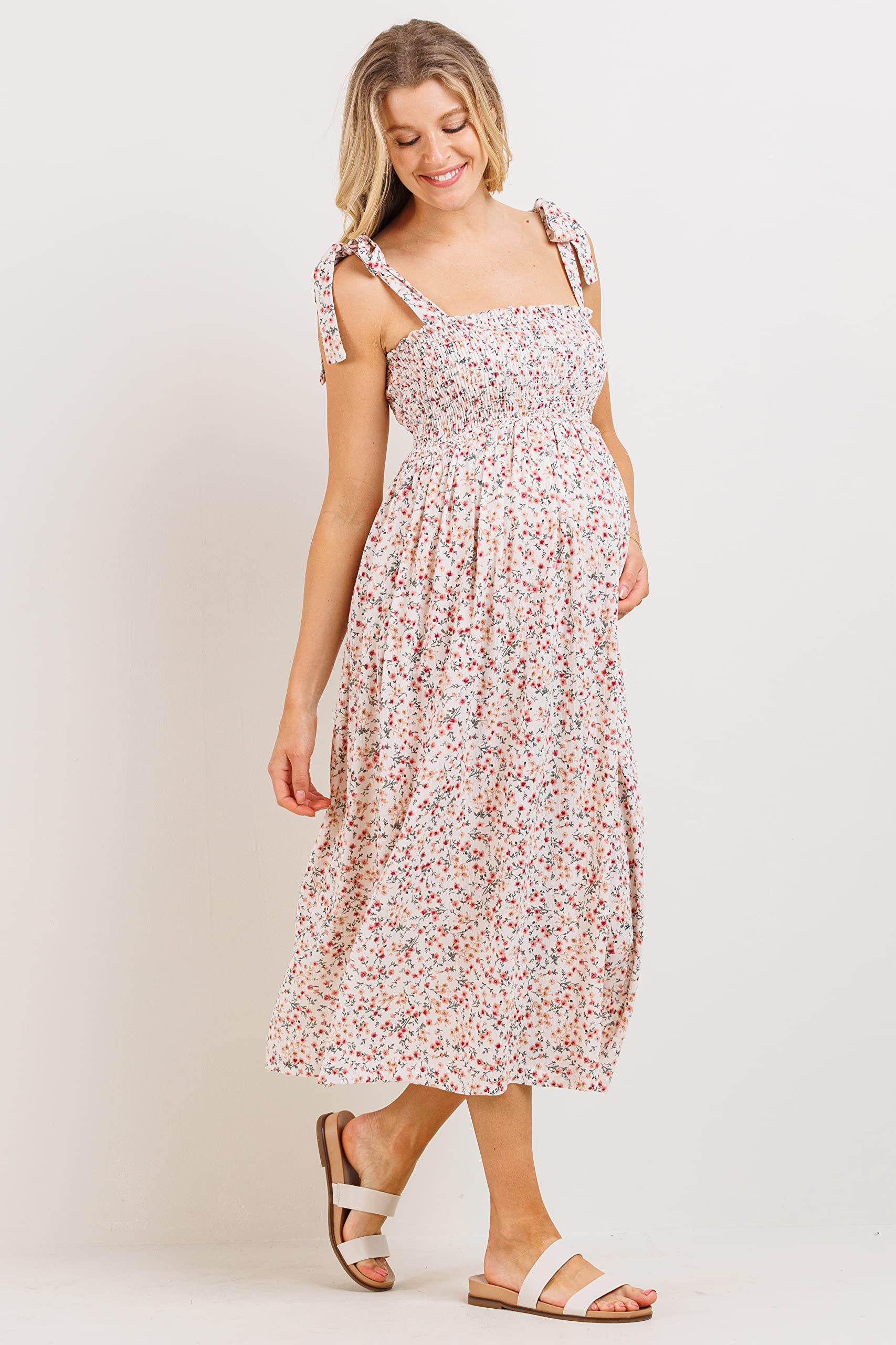 Women's Smocked Maternity Dress - Flowy Midi Length for Pregnancy Comfort | Perfect for Baby Showers, Maternity Photos & Everyday Wear