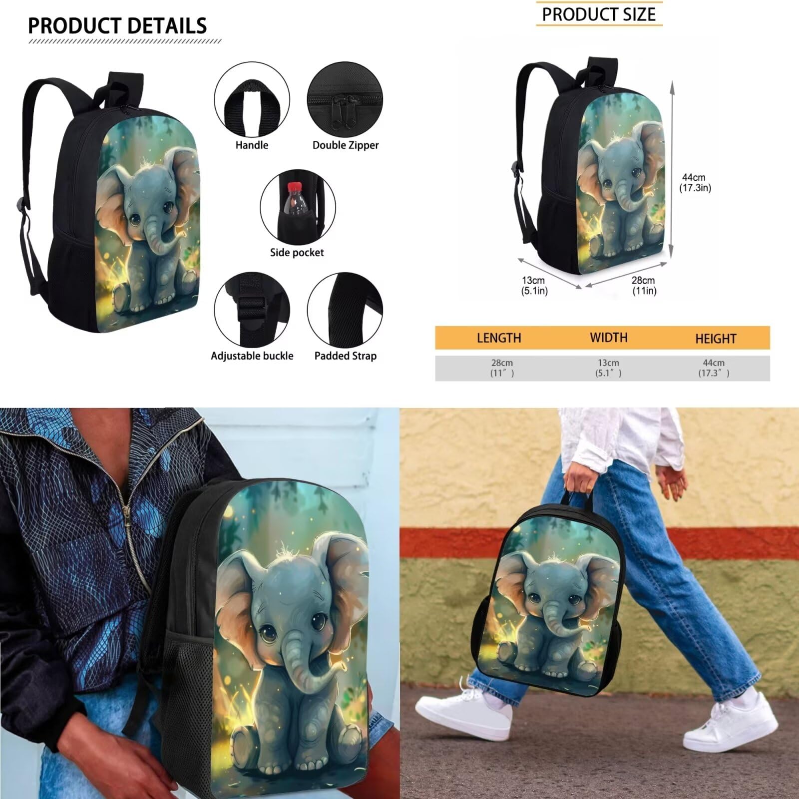 **Ystardream 3D Elephant Print Backpack Set - 17 Inch School Bag with Lunch Box & Pencil Case for Kids, Teens & Women - Durable Bookbag for Middle School, College & Daily Use - Perfect for Back to School, Travel & Outdoor Activities**