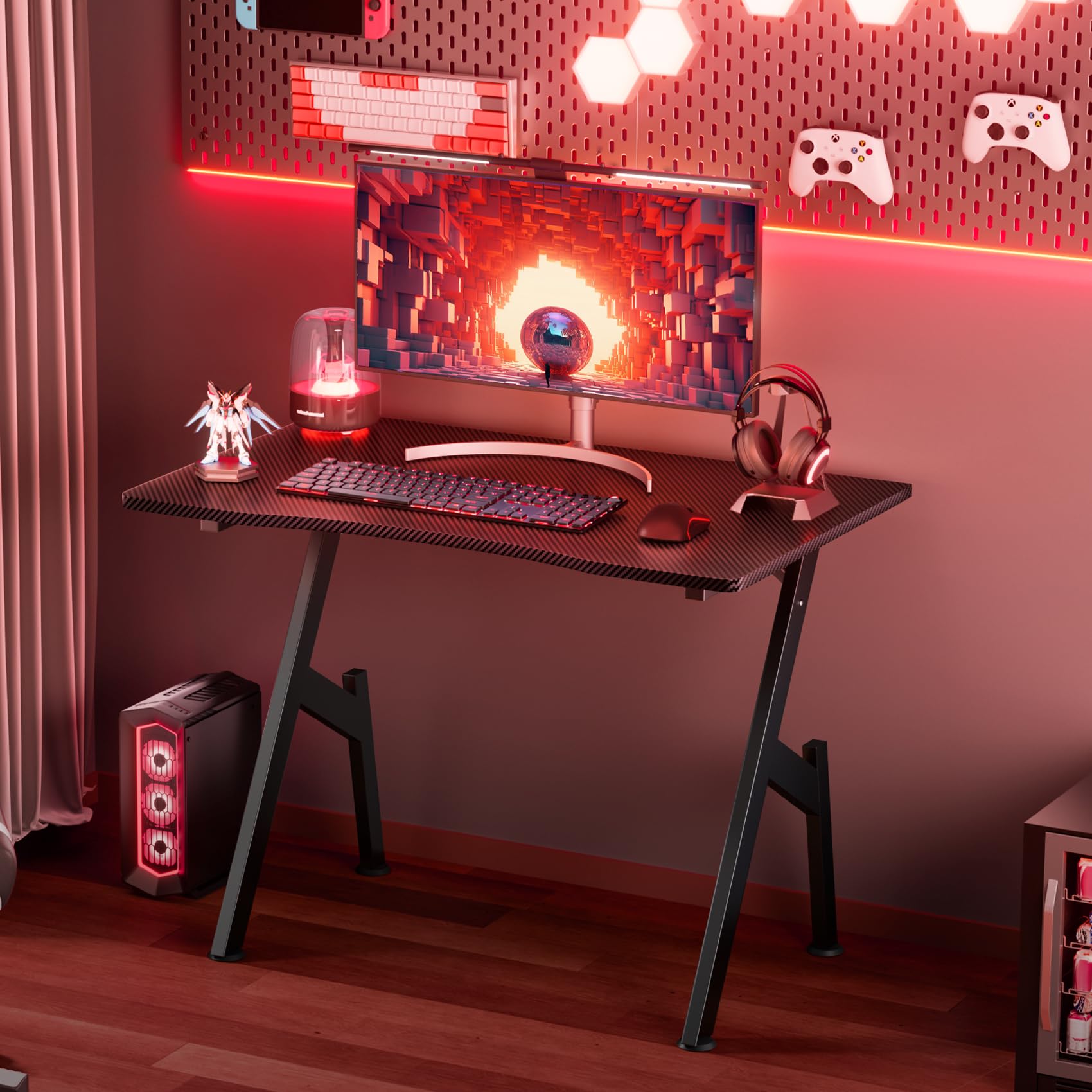 32 Inch Gaming Desk with Carbon Fiber Surface - Ergonomic A-Shaped Computer Workstation for Home Office | Sturdy PC Gaming Table for Esports & Streaming Setup | Perfect for Small Spaces & Multi-Monitor Arrangements