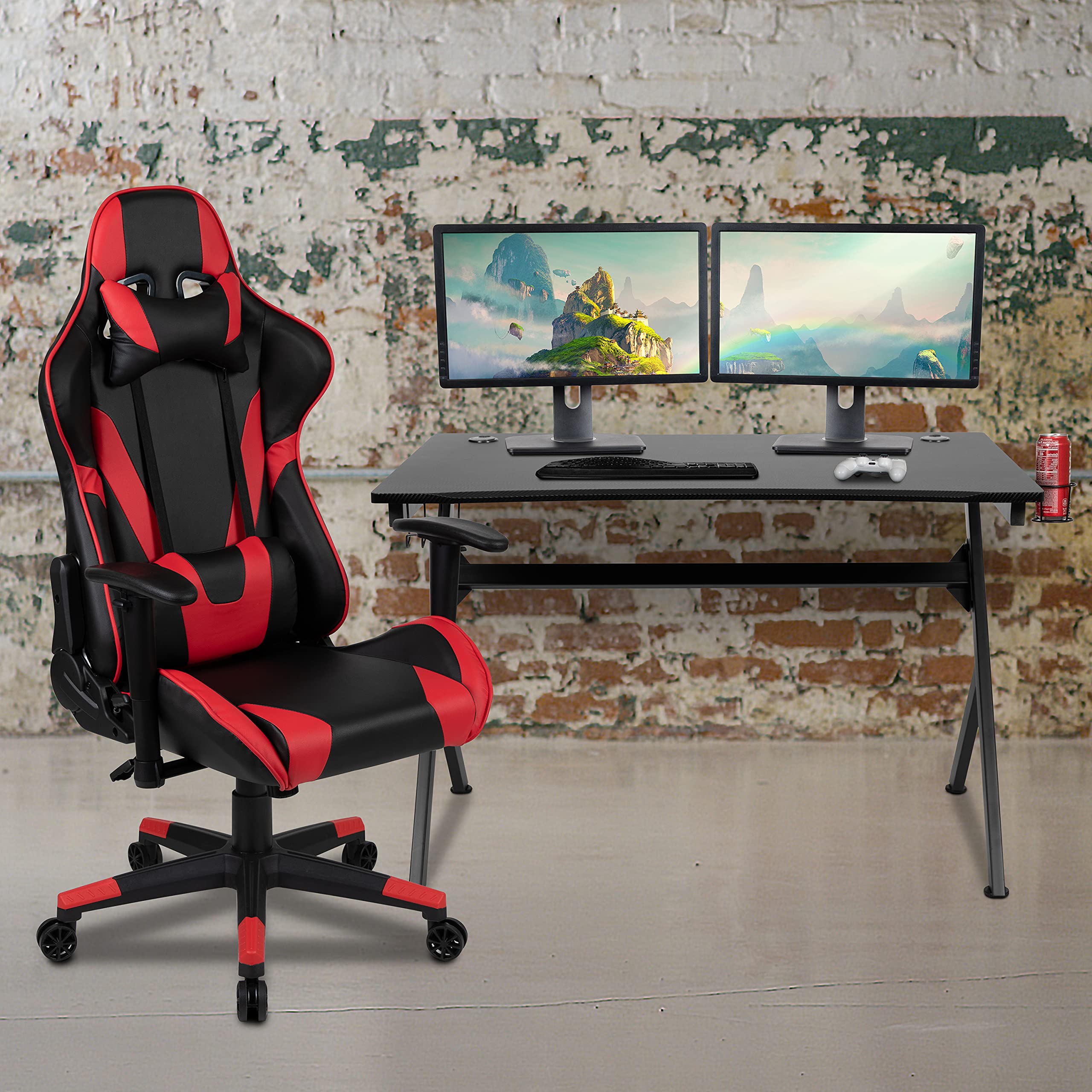 EMMA + OLIVER Gaming Bundle - Ergonomic Gaming Desk with Cup Holder & Headphone Hook, Red Reclining Gaming Chair - Perfect for PC Gaming Setup & Home Office