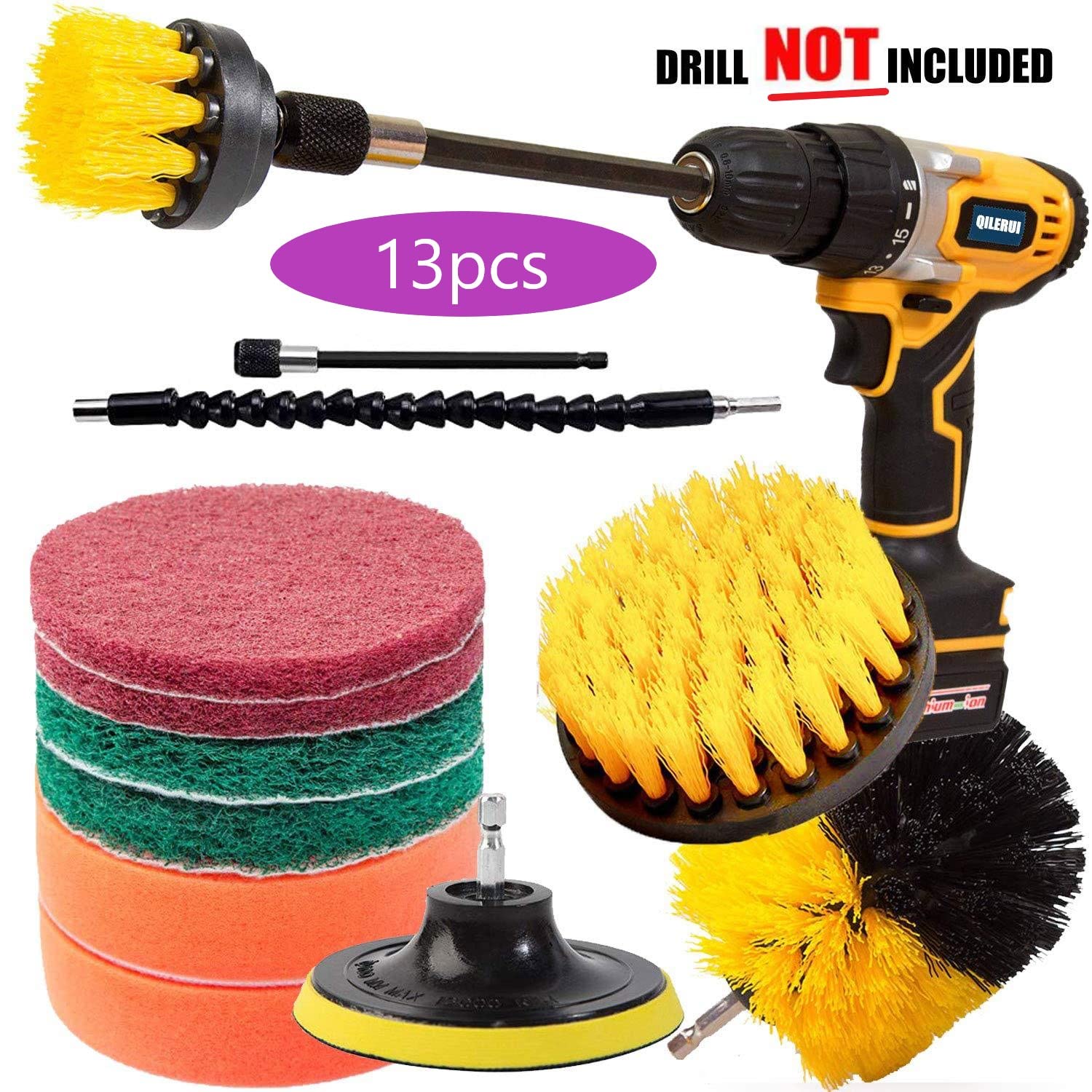 Drill Brush Attachments Set - 13pcs Power Scrubber Brushes with Extend Attachment, Scouring Pads, Buffing Pads & Sponge for Car Detailing, Kitchen Cleaning, Bathroom Scrubbing & Surface Polishing