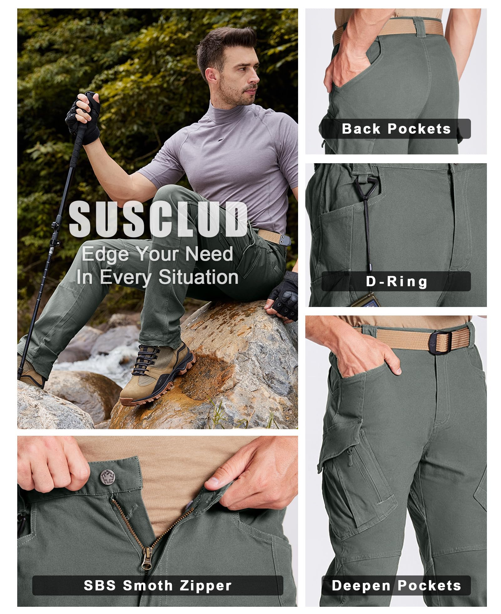 Susclude Men's Tactical Cargo Pants - Military Ripstop Combat Work Pants for Outdoor Hiking, Camping & Tactical Use - Durable Outdoor Adventure Pants for Men