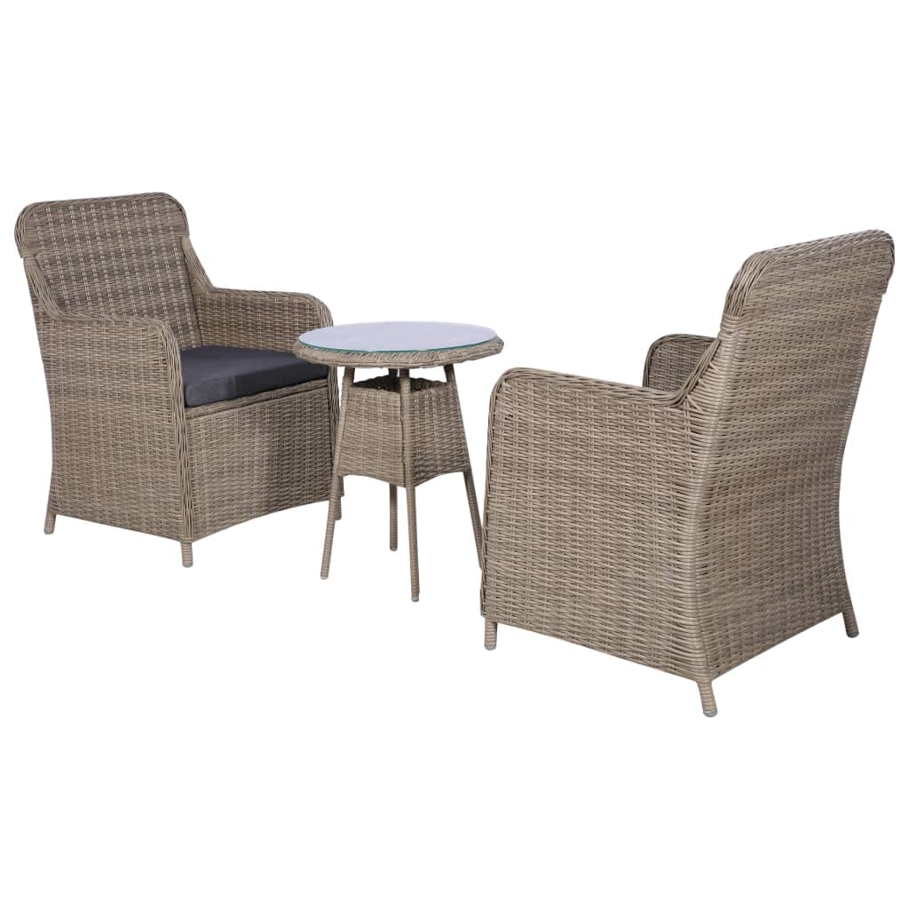 vidaXL 3-Piece Outdoor Bistro Set with 2 Armchairs & Round Table - Water-Resistant Poly Rattan Patio Furniture with Removable Washable Cushions (Brown) - Perfect for Garden, Balcony, and Backyard Relaxation