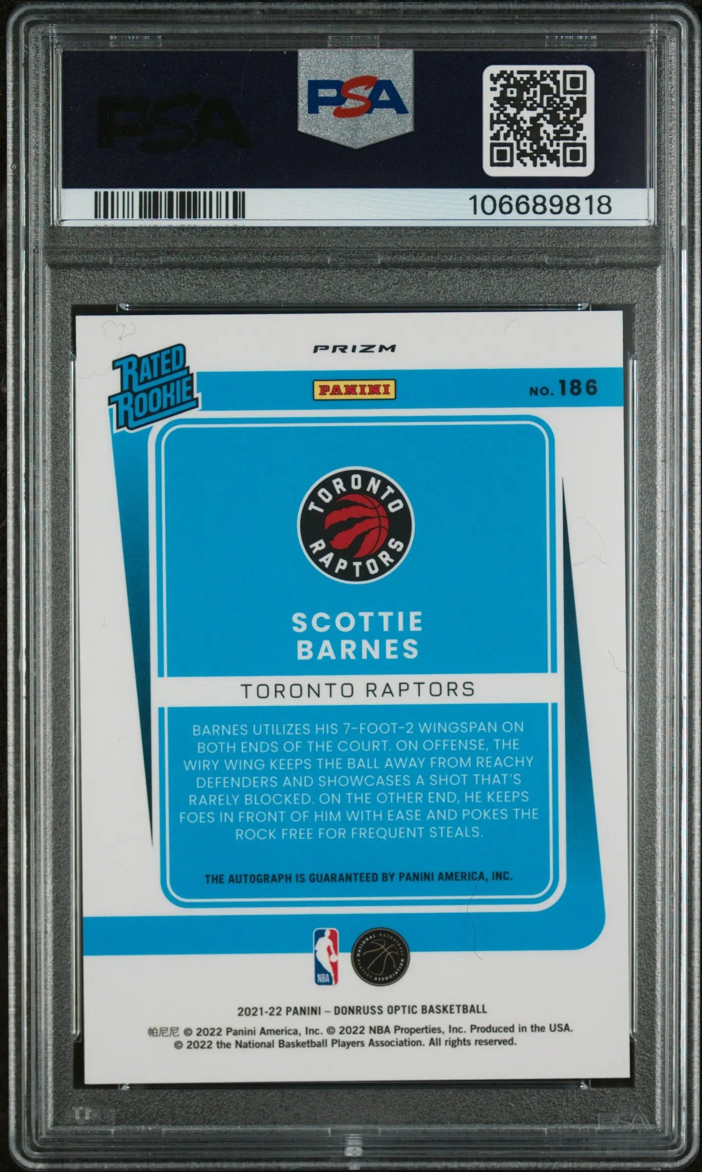2021 Panini Donruss Optic Scottie Barnes Rated Rookie Autograph Purple PSA 9 Mint - NBA Basketball Trading Card for Collectors & Investors - Perfect for Display, Trading, and Portfolio Growth