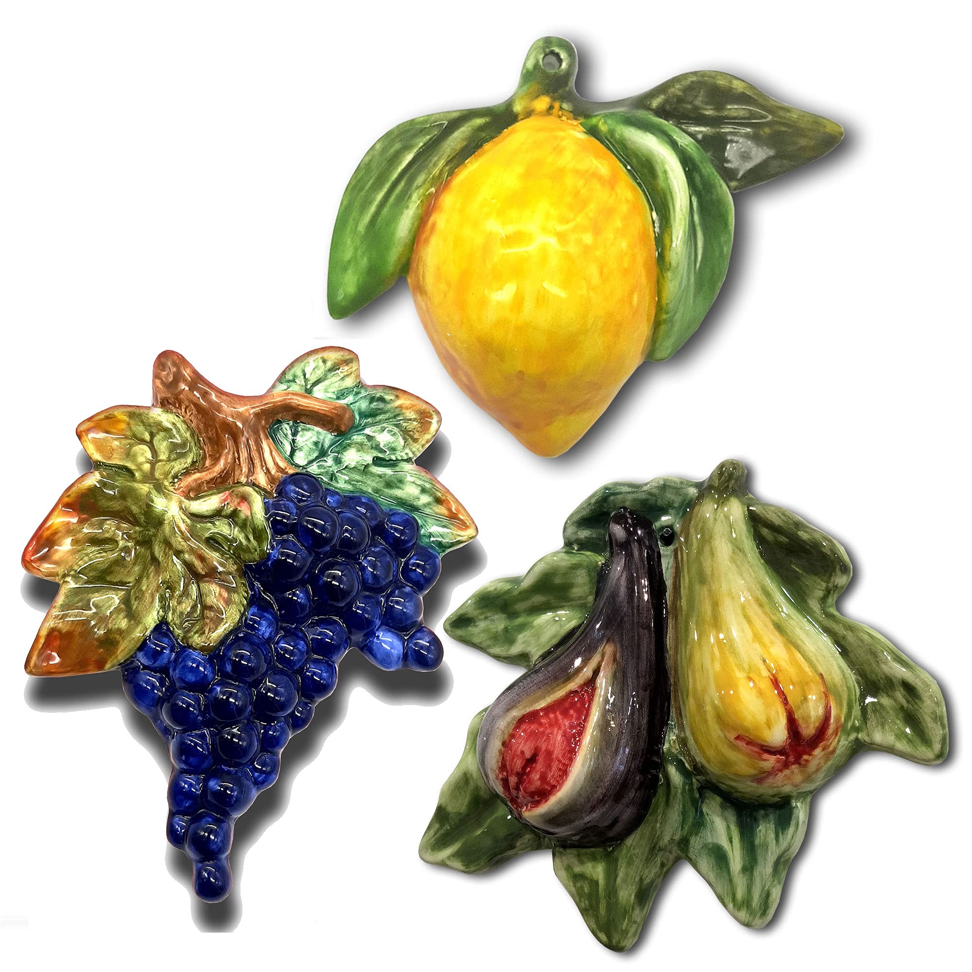 Hand-Painted Italian Ceramic Fruit Wall Decor - Lifelike Artificial Grapes, Figs & Lemon Kitchen Decorations - Perfect for Farmhouse, Rustic & Mediterranean Home Decor