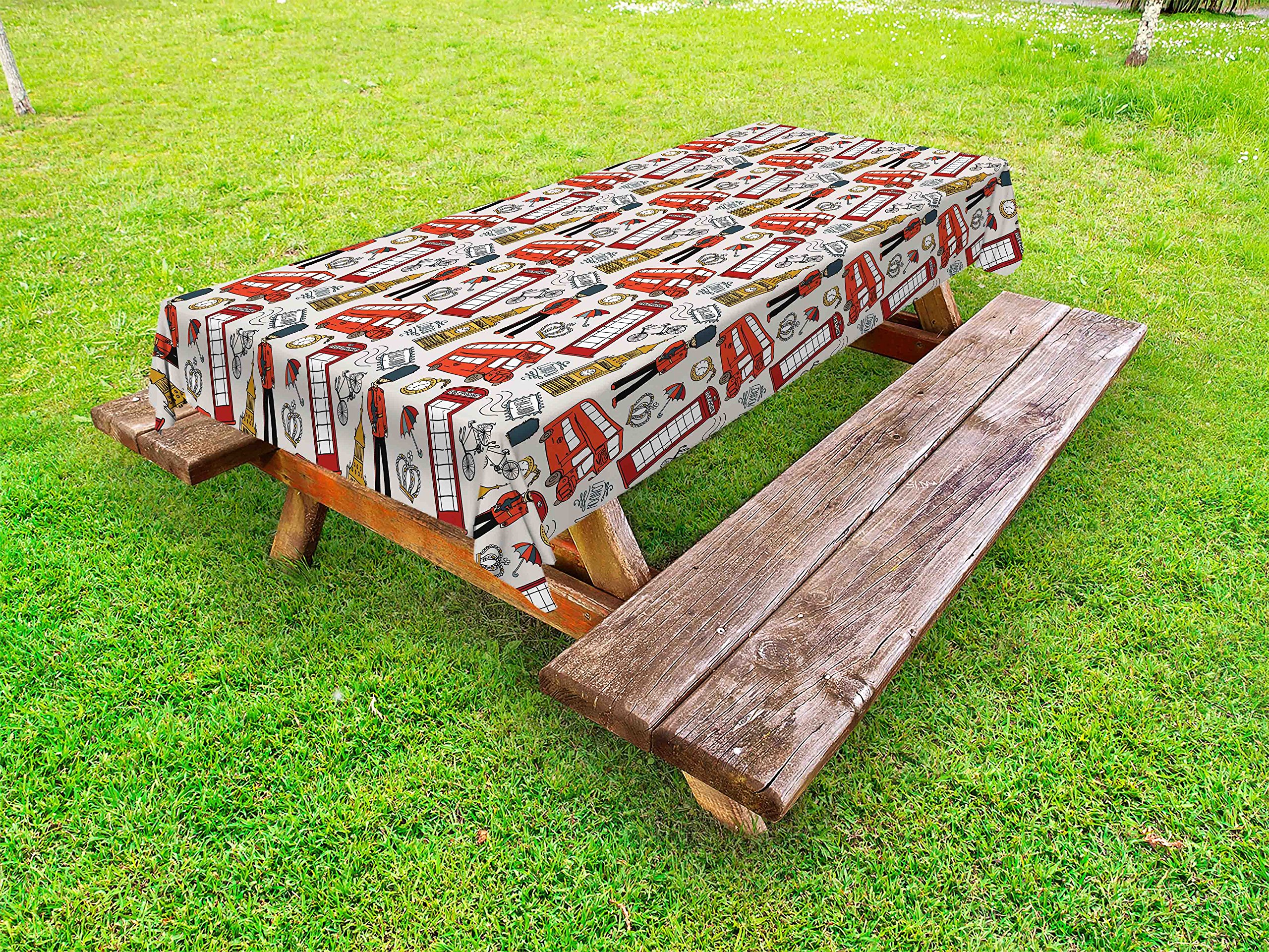 Ambesonne London-Themed Outdoor Tablecloth - Doodle Design with English Crown, Big Ben, Umbrella & More - Washable Picnic Table Cover 58x120 Inches - Multicolor for Garden Parties, BBQs & Outdoor Dining