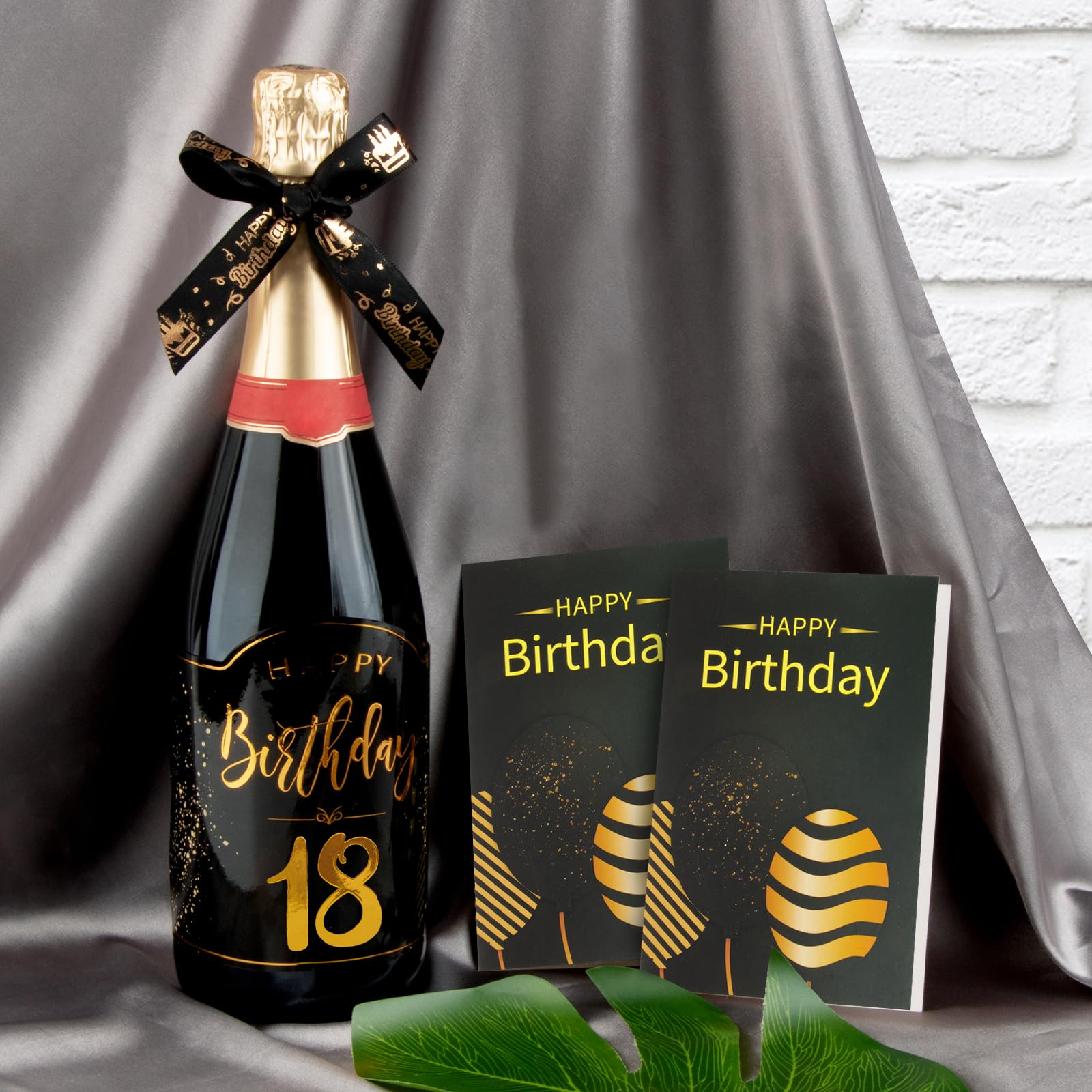 BOFUNX 18th Birthday Wine Bottle Labels - Adhesive Personalized Wine Labels with Birthday Card & Bow - Perfect for 18th Birthday Party Decorations & Gifts