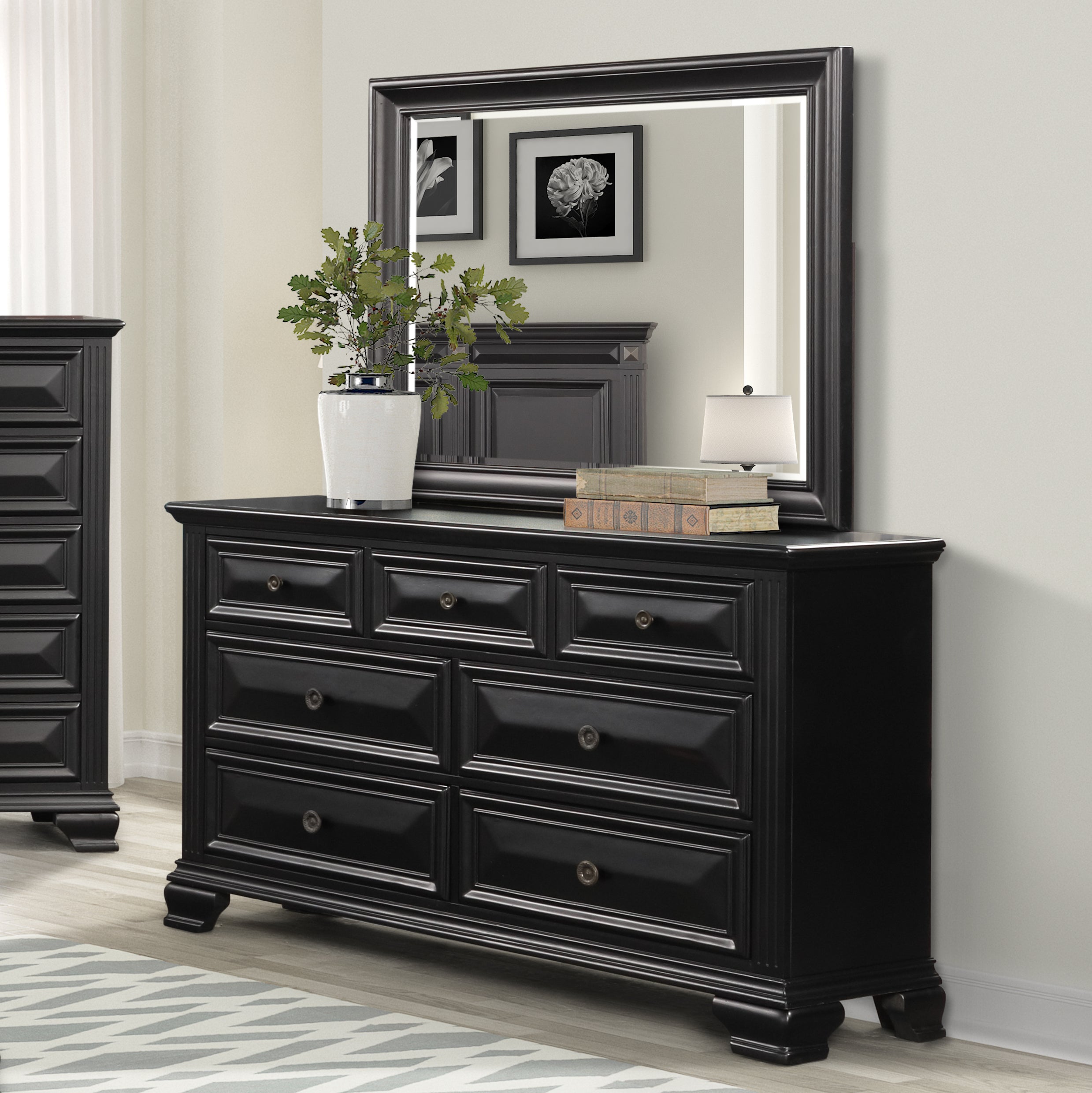 Vintage Black 7-Drawer Dresser with Mirror - Classic Bedroom Furniture for Home Decor & Storage | Perfect for Master Bedroom, Guest Room, or Dorm Organization