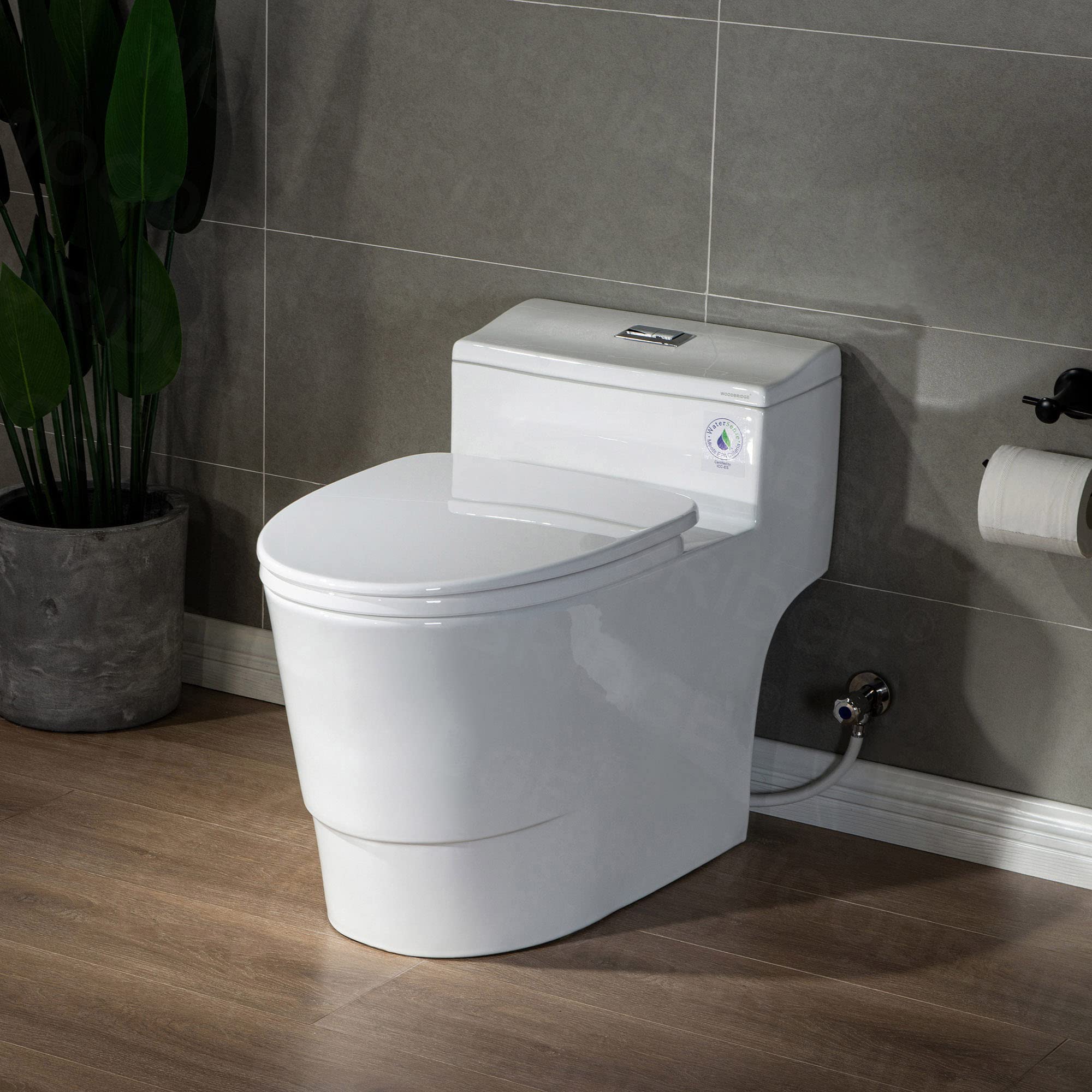 WOODBRIDGE T-0018/B-0735 Dual Flush Elongated One-Piece Toilet with Soft-Close Seat, Comfort Height, White - Modern Water-Saving Bathroom Fixture for Home & Commercial Use