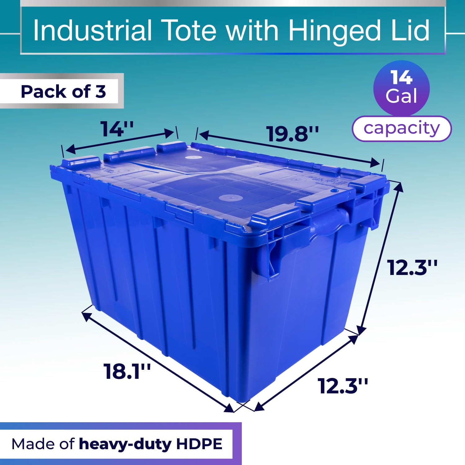 IDL Packaging 14-Gallon Heavy-Duty Plastic Storage Tote with Hinged Lids (Blue, 3-Pack) - 22