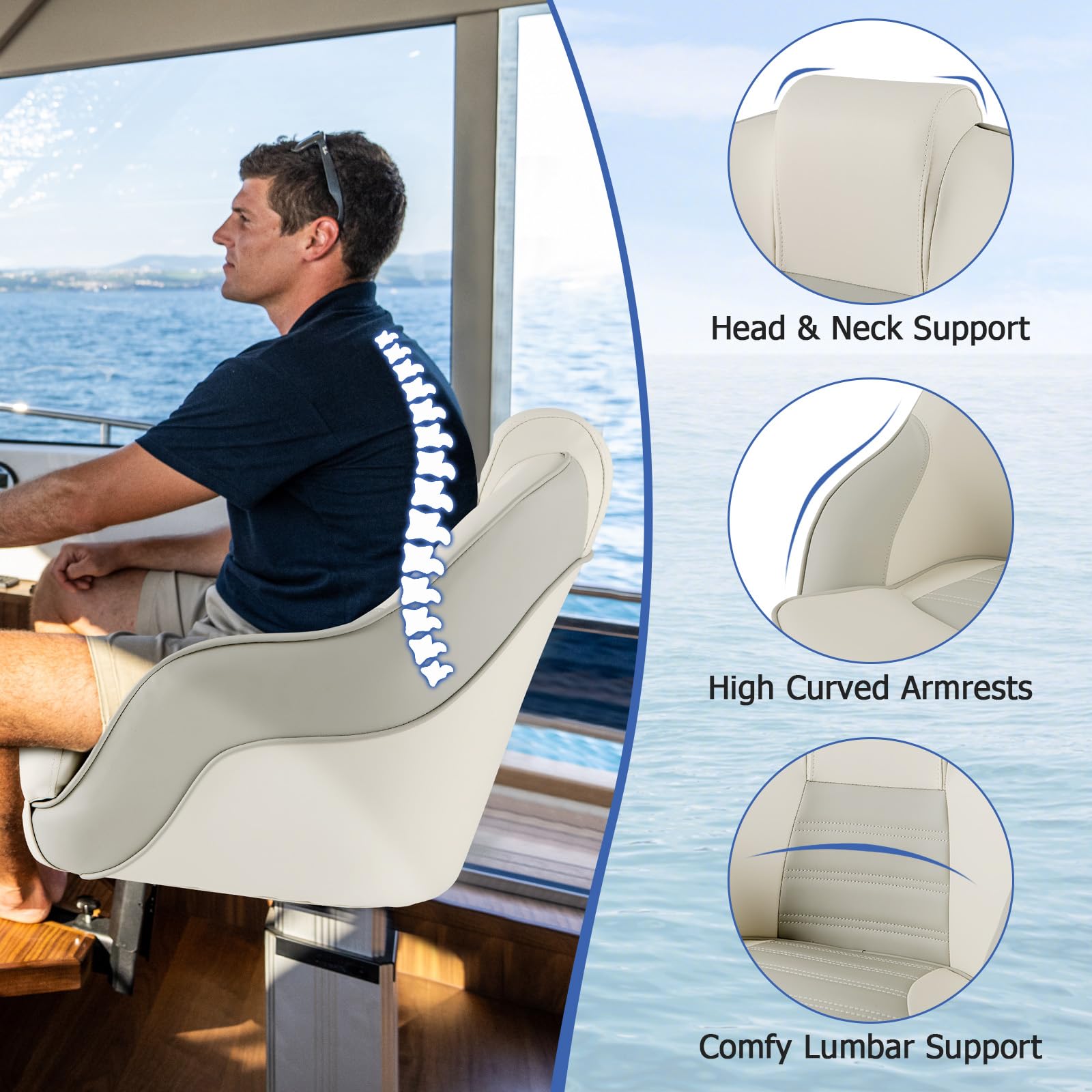 Goplus Captain Bucket Seat - Waterproof PVC Leather Pontoon Boat Chair with Thick Sponge Padding & Curve Armrest, High Back Fishing Boat Seat for Pontoon, Sightseeing, and Leisure Boating (1 Pack, Ivory & Gray) - Perfect for Comfortable Fishing Trips and Relaxing Water Tours