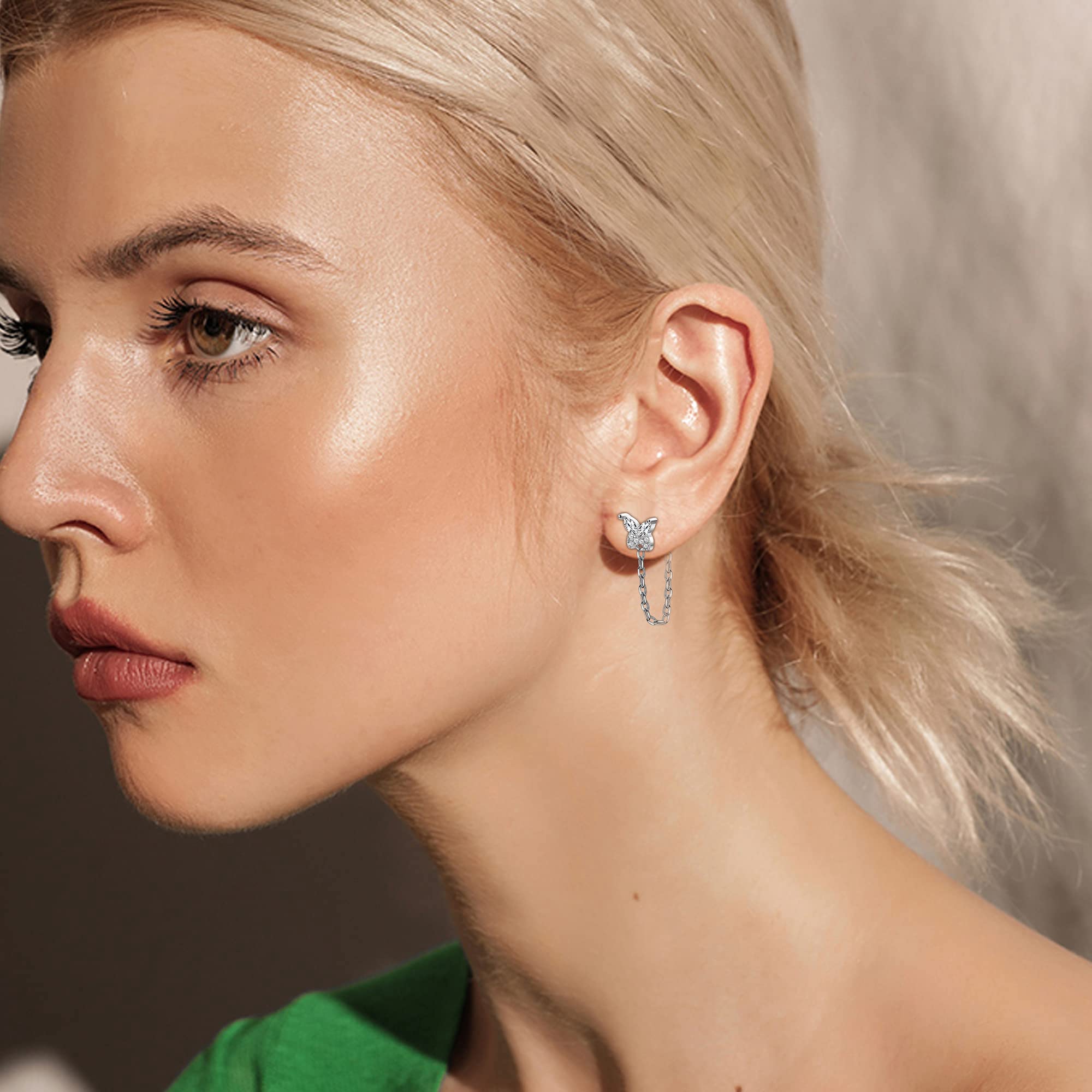 925 Sterling Silver Stud Earrings for Women - Cubic Zirconia Cartilage Chain Butterfly Heart Dangle Earrings | Minimalist Jewelry for Christmas, Anniversary & Birthday Gifts | Perfect for Parties, Dating & Everyday Wear