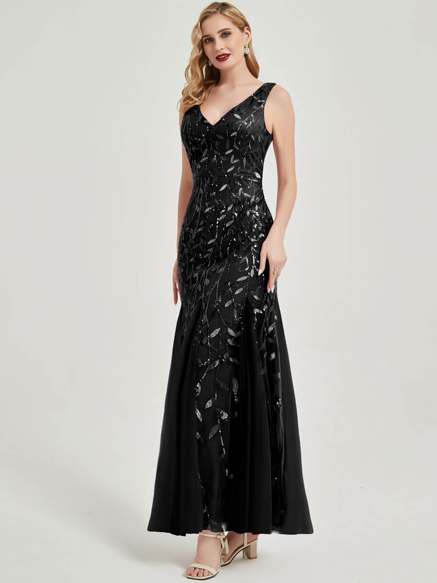 Elegant Black Sleeveless V-Neck Tulle Sequined Mermaid Evening Gown for Women - Perfect for Prom, Cocktail Party & Formal Occasions