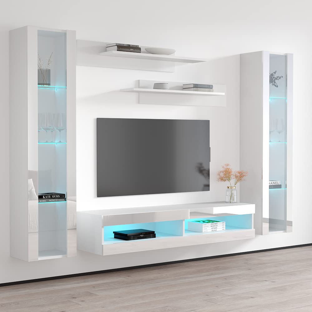 Modern Floating TV Stand with Storage & LED Lights - Wall-Mounted Entertainment Center Console for Bedroom & Living Room - White TV Cabinet with Shelves - Perfect for Small Spaces & Home Theater Setup