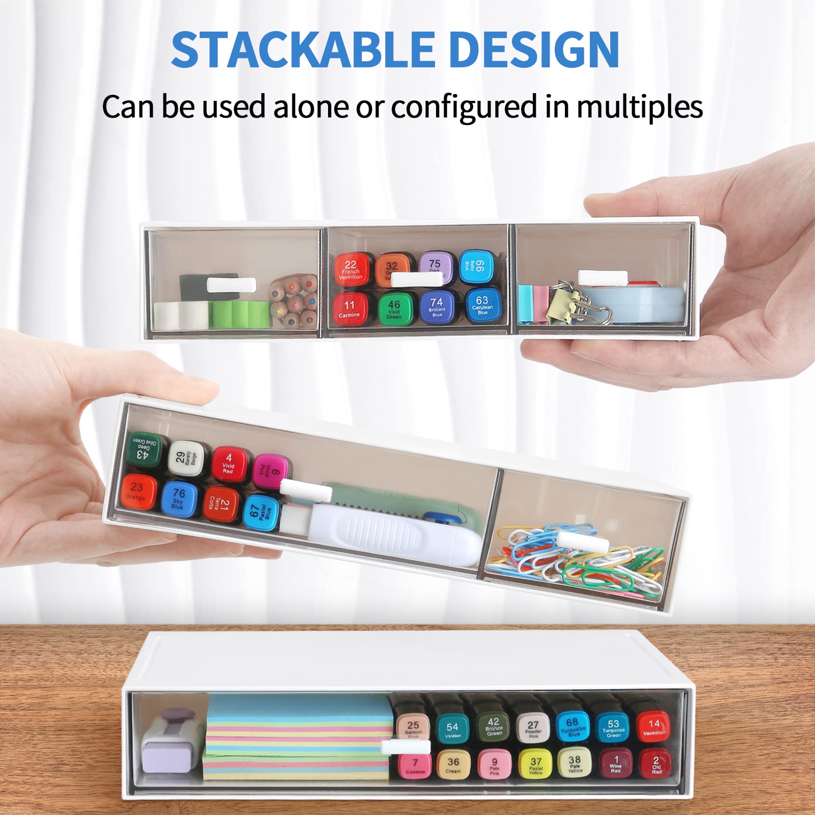 LETURE Stackable Desk Organizer - 2 Drawer Plastic Storage for Office, School & Home | Organize Pens, Pencils, Markers & Makeup Supplies | Perfect for Workspace, Study Desk & Vanity Organization (White)