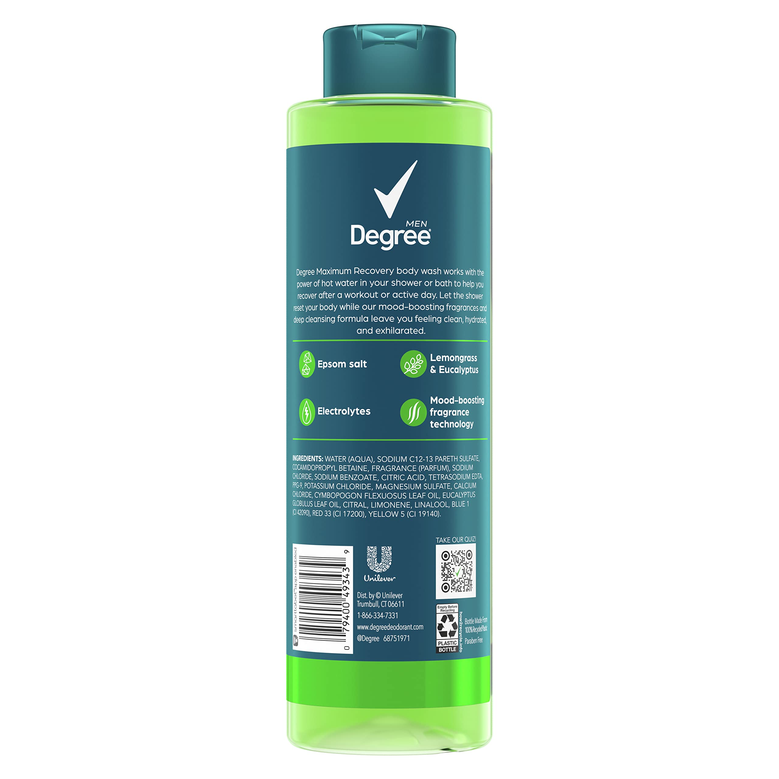 Degree Men Post-Workout Recovery Body Wash & Soak with Lemongrass, Eucalyptus, Epsom Salt & Electrolytes - 22 Fl Oz (Pack of 4) - Ideal for Gym, Sports & Muscle Relaxation Bath Routine