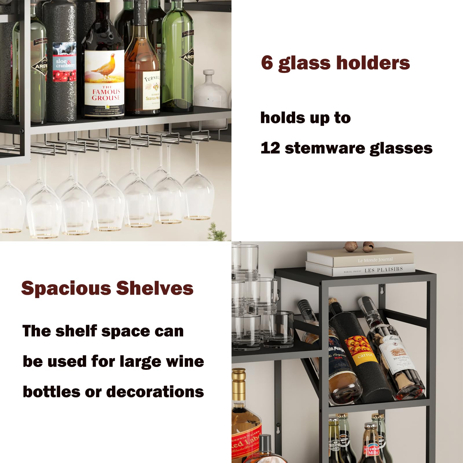 Modern Metal Wall Mounted Wine Rack - Multi-Functional Bar Shelf with Glass Holder for Liquor Bottles - Perfect for Home Bar, Kitchen & Dining Room Organization - Ideal for Wine Storage, Entertaining Guests & Small Space Decor