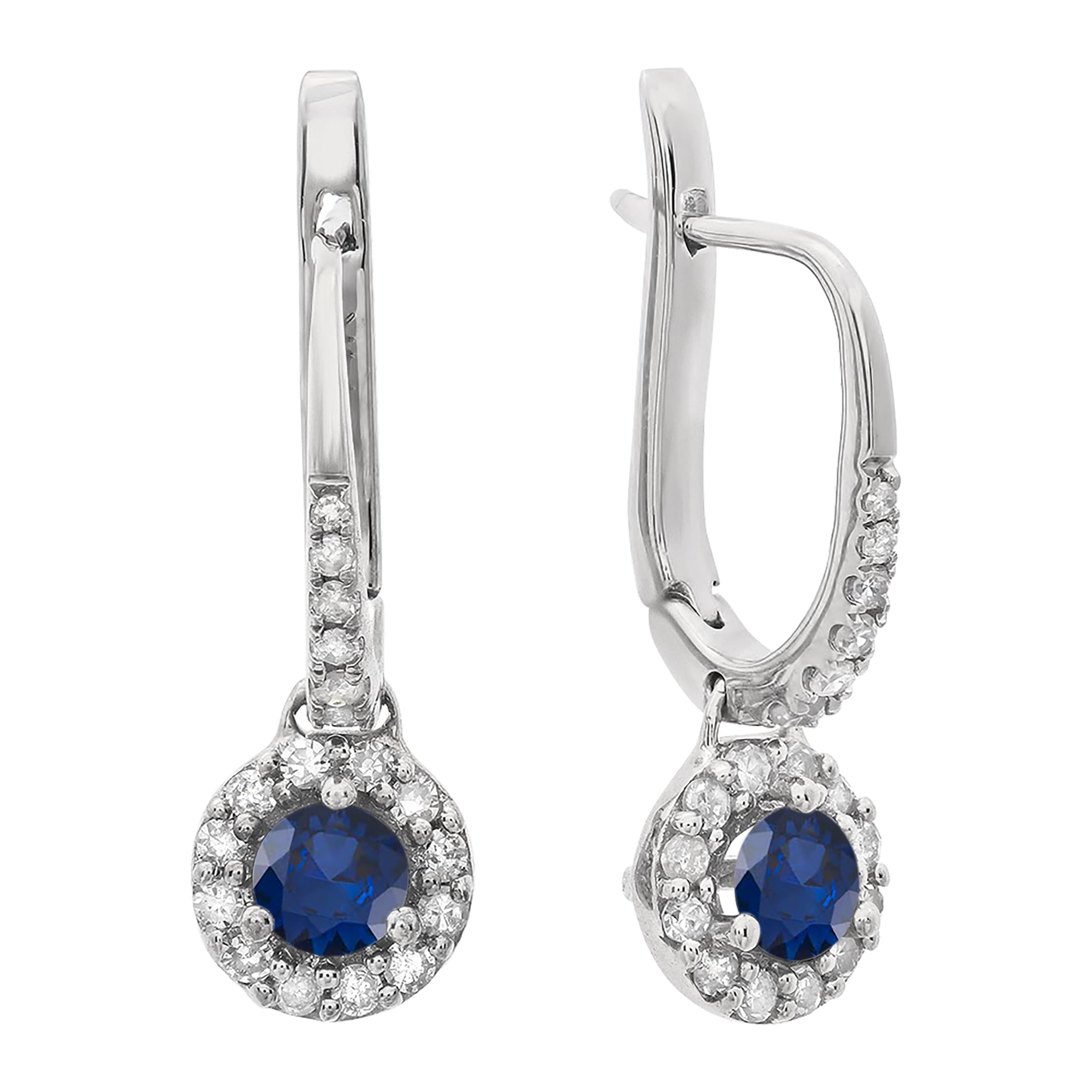 18K Solid White Gold Halo Drop Earrings with Round Gemstones & White Diamonds | Dazzlingrock Collection | Elegant Women's Jewelry for Parties, Weddings & Special Occasions