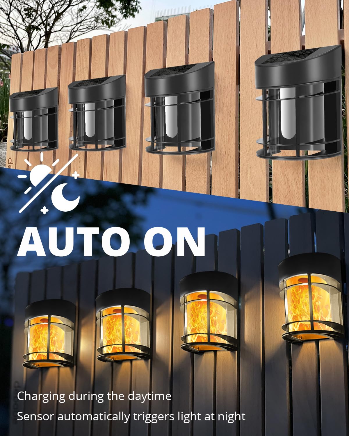 Upgraded 8 Pack Waterproof Solar Fence Lights - Flickering Flame Effect Outdoor Solar Lights for Deck, Yard, Garden & Pathway Lighting | Weatherproof & Energy Efficient Landscape Lighting
