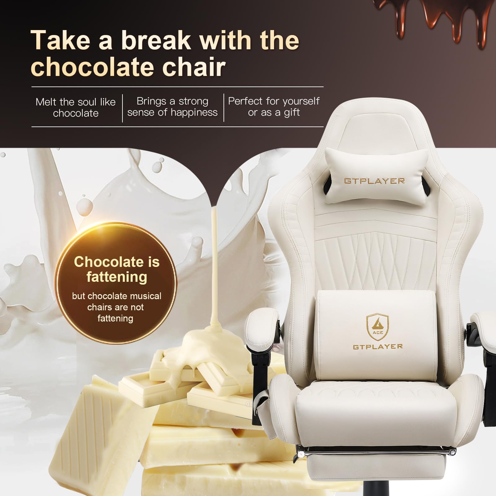 GTPLAYER Ergonomic Gaming Chair with Footrest & Bluetooth Speakers - High Back Reclining Computer Chair with Linkage Armrests for Adults - Office & Home Gaming Setup (Leather, Ivory) - Perfect for PC Gaming, Streaming & Work from Home