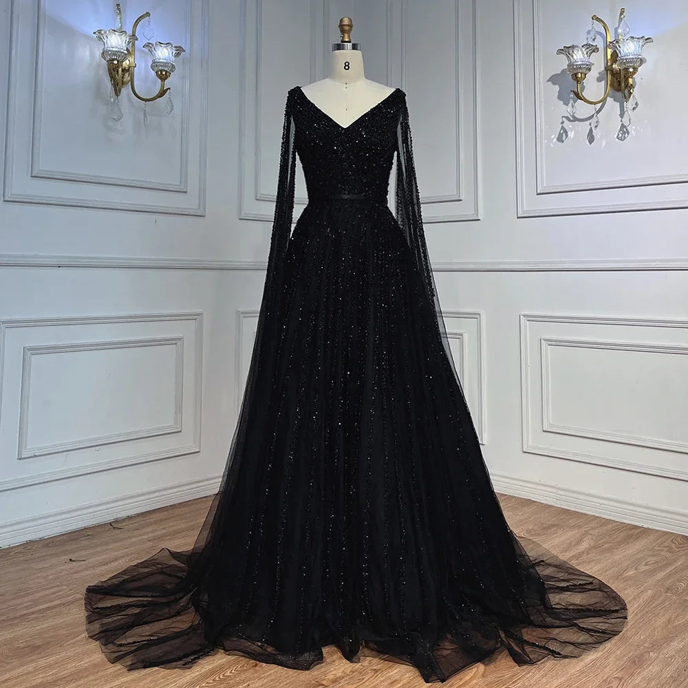 Elegant Beaded A-Line Dubai Evening Gown with Cape Sleeves - Luxury 2025 Celebrity Party Dress for Women - Perfect for Red Carpet Events, Galas, and Formal Occasions
