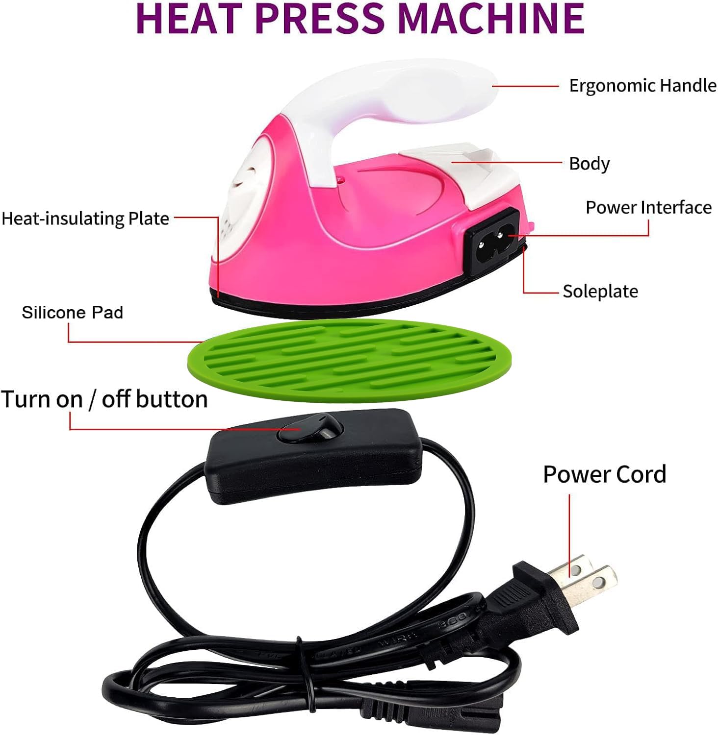 Mini Heat Press Machine for Clothes, Shoes, Bags & Hats - Portable Electric Iron with Silicone Pad for Heat Transfer - Rose Red - Perfect for DIY Crafts, T-Shirt Printing & Small Fabric Projects