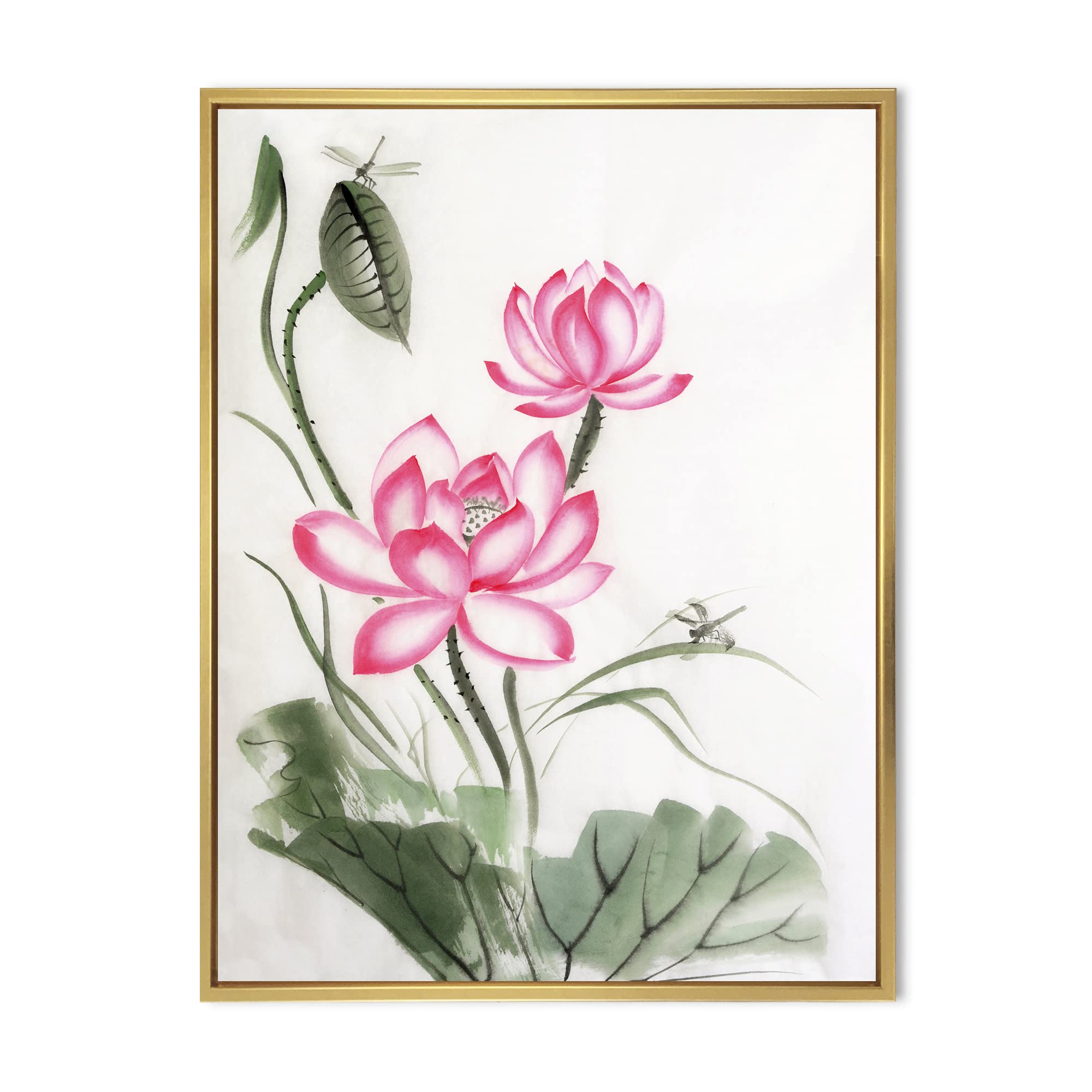 Lotus and The Dragonfly I - Traditional Framed Canvas Wall Art Print for Home Decor | Asian Inspired Nature Painting | Perfect for Living Room, Bedroom & Office Wall Decor