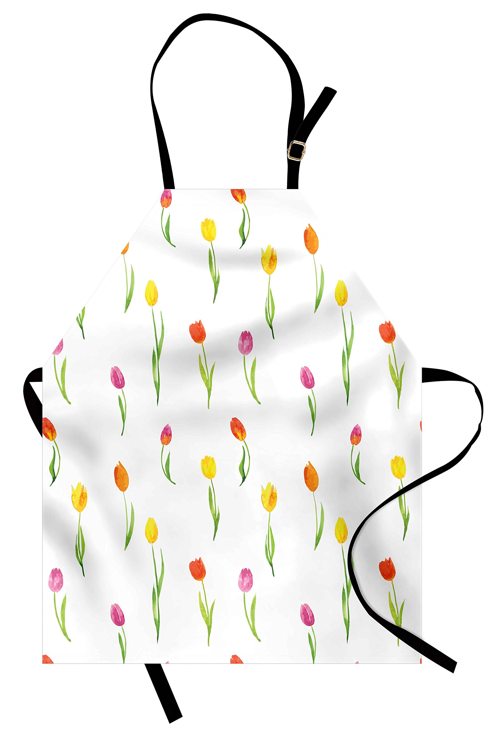 Ambesonne Watercolor Flower Apron - Colorful Tulips Pattern Country Style Floral Design Kitchen Bib Apron for Cooking, Baking, Gardening | Adjustable Neck & Pockets | Unisex Watercolor Art Apron | Perfect for Home Chefs, BBQ Parties & Outdoor Activities