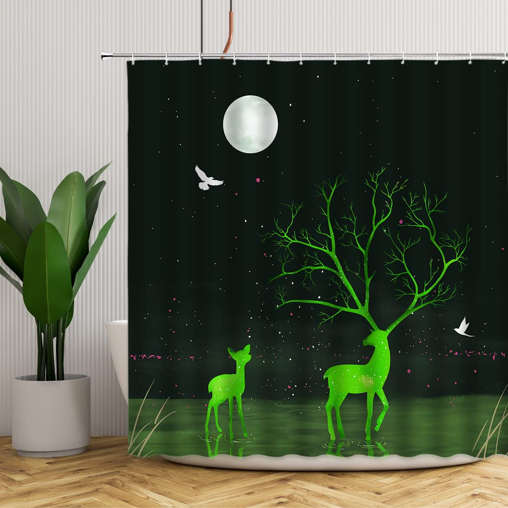 Ocean Night Shower Curtain - Sea Full Moon Landscape with Elk Deer Wildlife Fantasy Art Print | Waterproof Polyester Bathroom Decor with Hooks | Perfect for Coastal, Nature-Themed or Bohemian Bathrooms