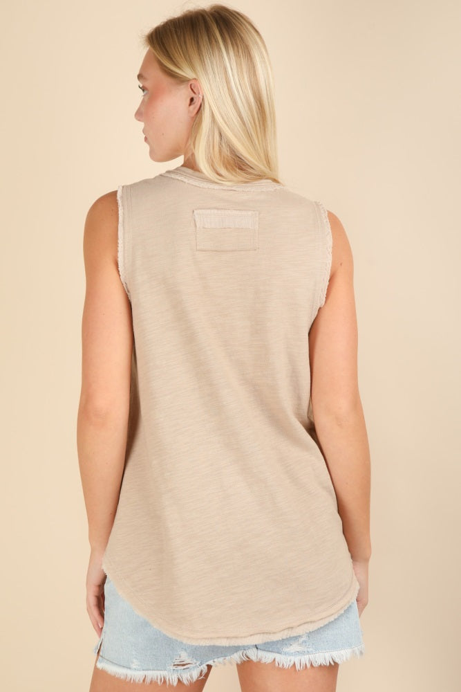 Beige Raw Hem Button Detail Sleeveless Top for Women - Casual Summer Blouse, Boho Chic Tunic, Layering Piece for Outfits | Perfect for Beach, Vacation & Everyday Wear