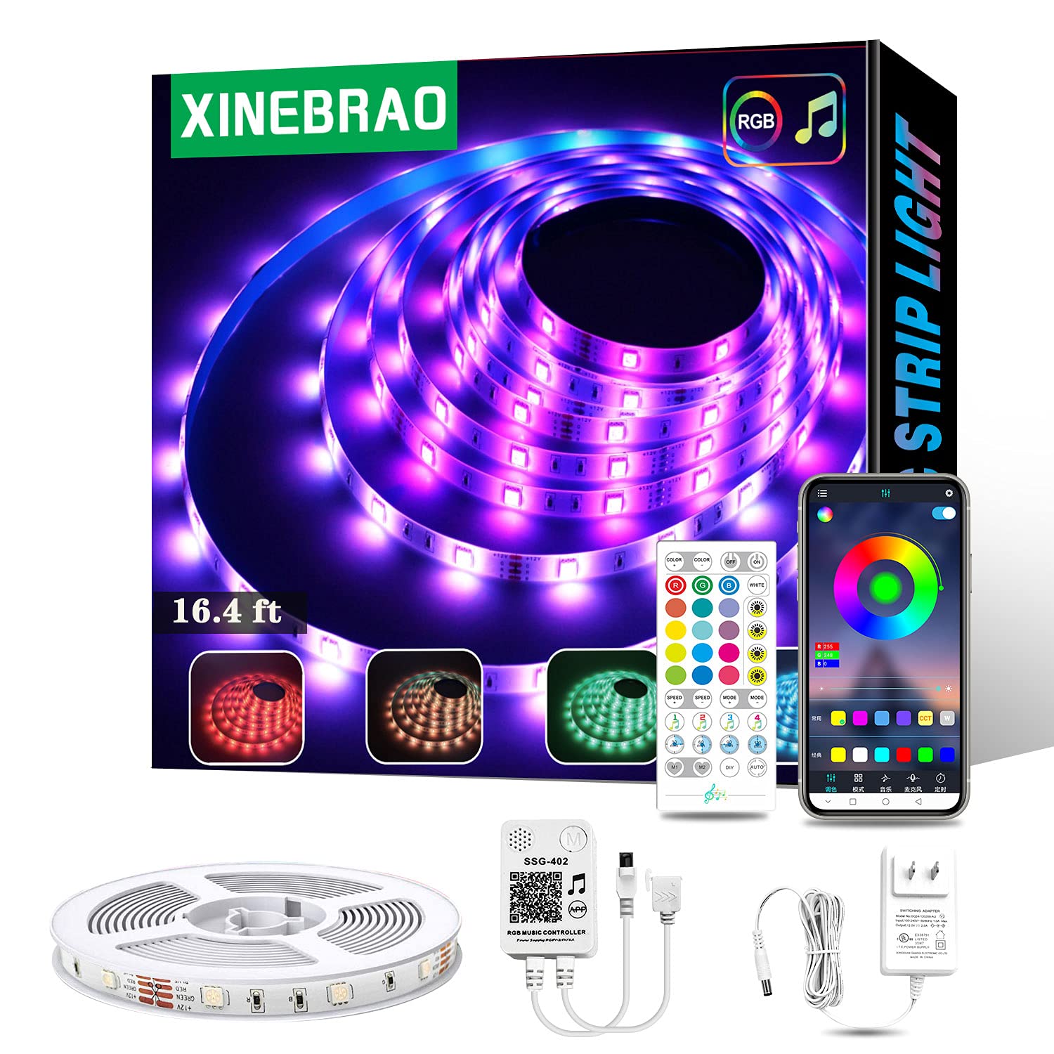 XINEBRAO 16.4ft Smart LED Strip Lights with Remote & App Control, RGB Color Changing 5050 LED Lights with Music Sync - Perfect for Bedroom Decor, Party Lighting, Kitchen & Bar Atmosphere (UL Certified Power Adapter)