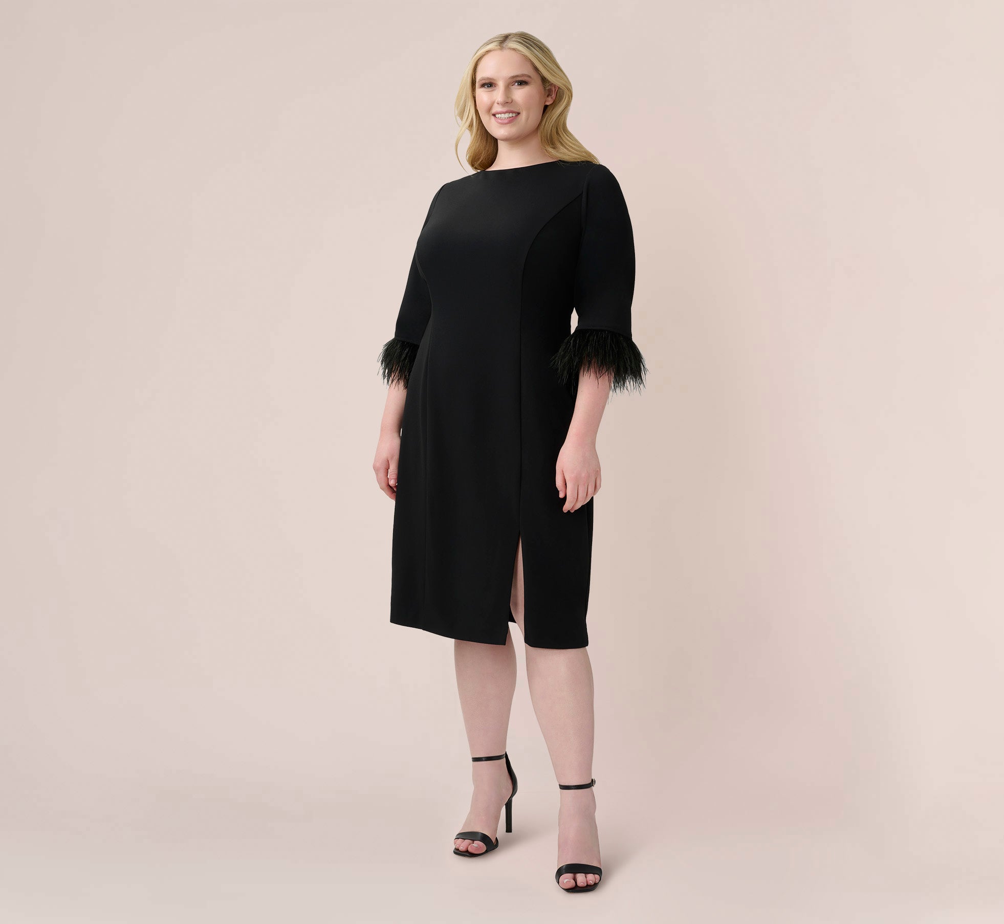 Plus Size Black Crepe Sheath Dress with V-Back & Feather Trim Sleeves | Elegant Evening Wear for Women | Perfect for Parties, Weddings & Special Occasions