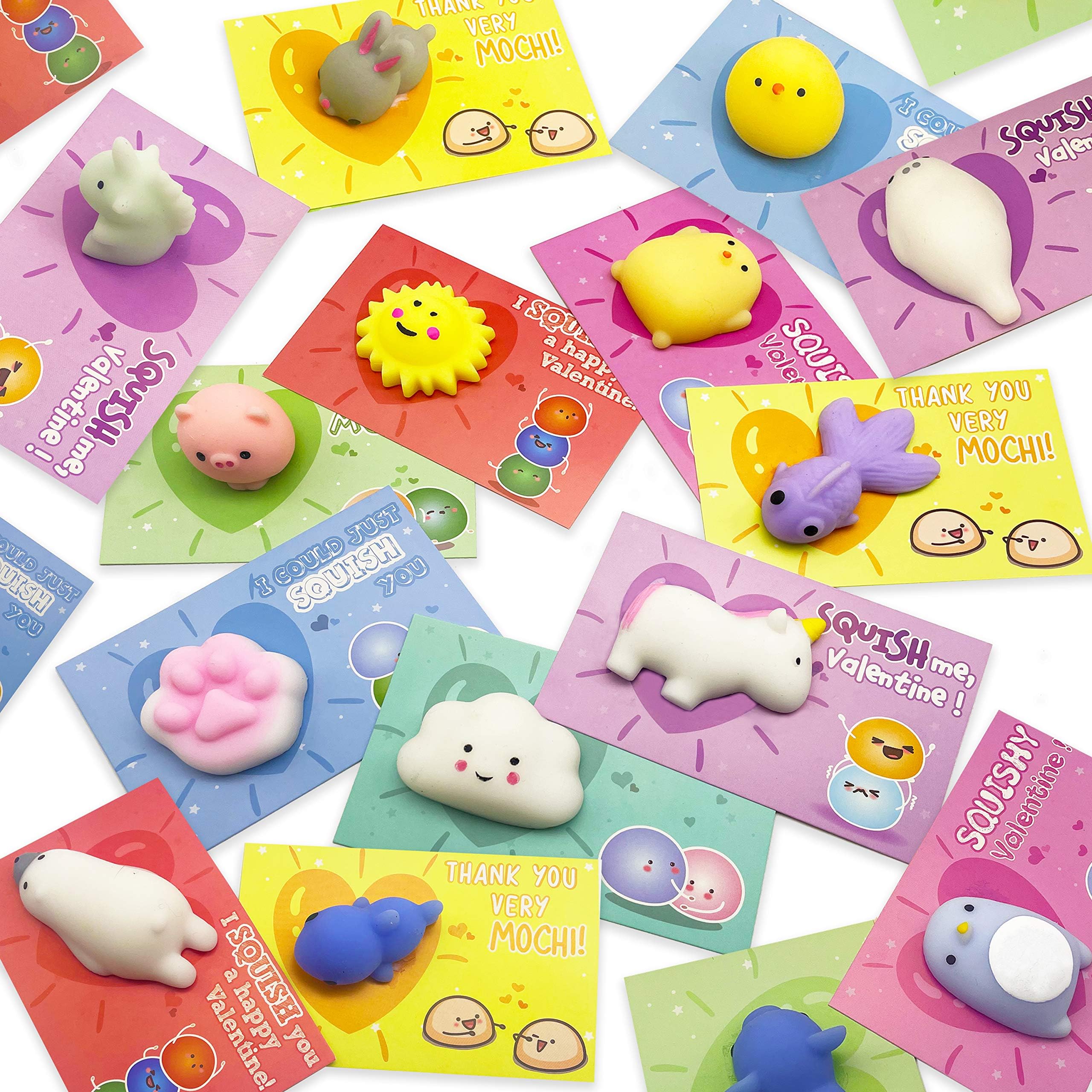28 Pack Valentine's Day Gift Cards with Adorable Kawaii Mochi Squishy Toys - Perfect for Kids, School Classroom Valentine Exchange, Party Favors & Greeting Cards - Stress Relief & Fun Sensory Play