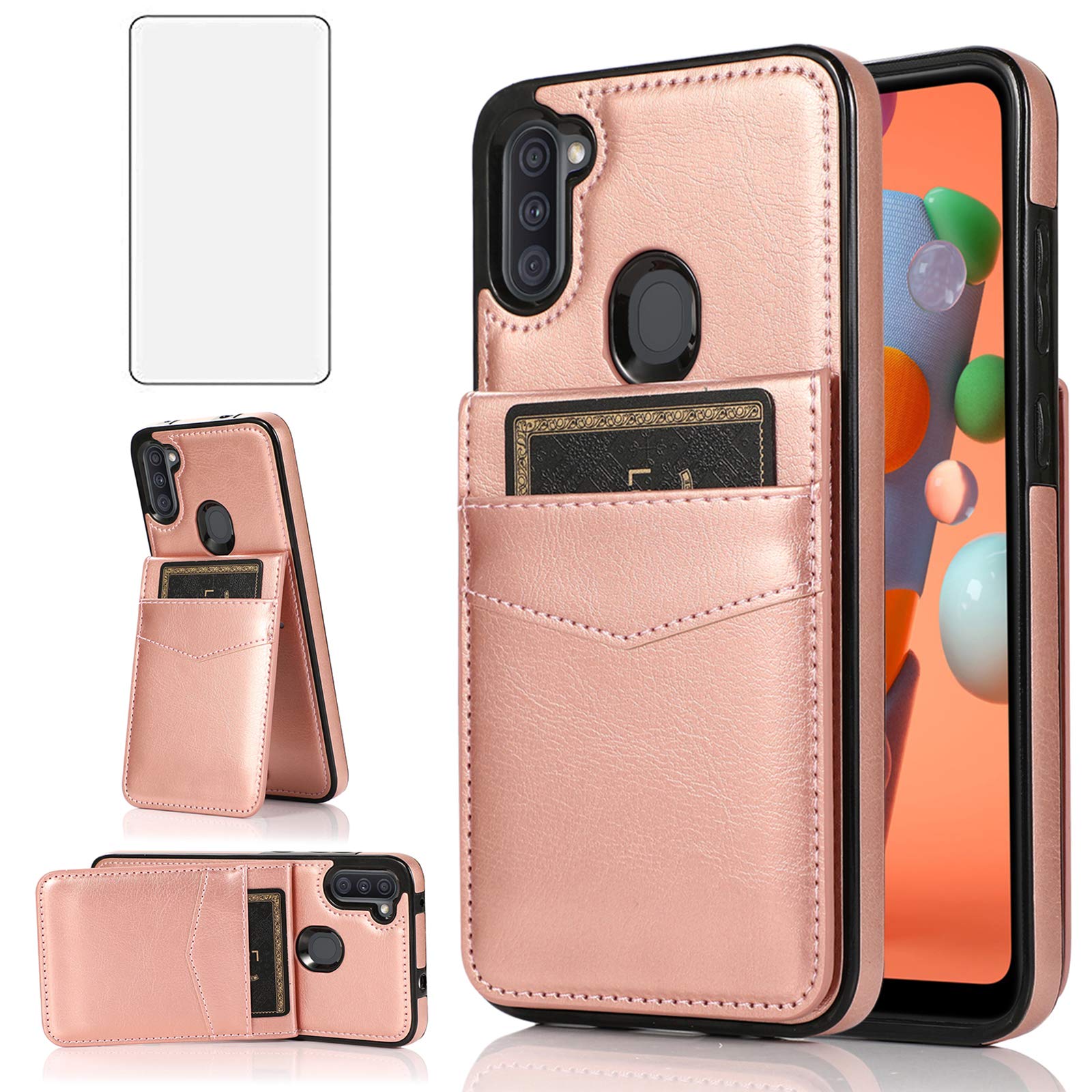 Premium Leather Wallet Phone Case for Samsung Galaxy A11 with Built-in Card Holder & Stand | Tempered Glass Screen Protector Included | Women's Rose Gold Design | Perfect for Everyday Use, Travel & Hands-Free Viewing