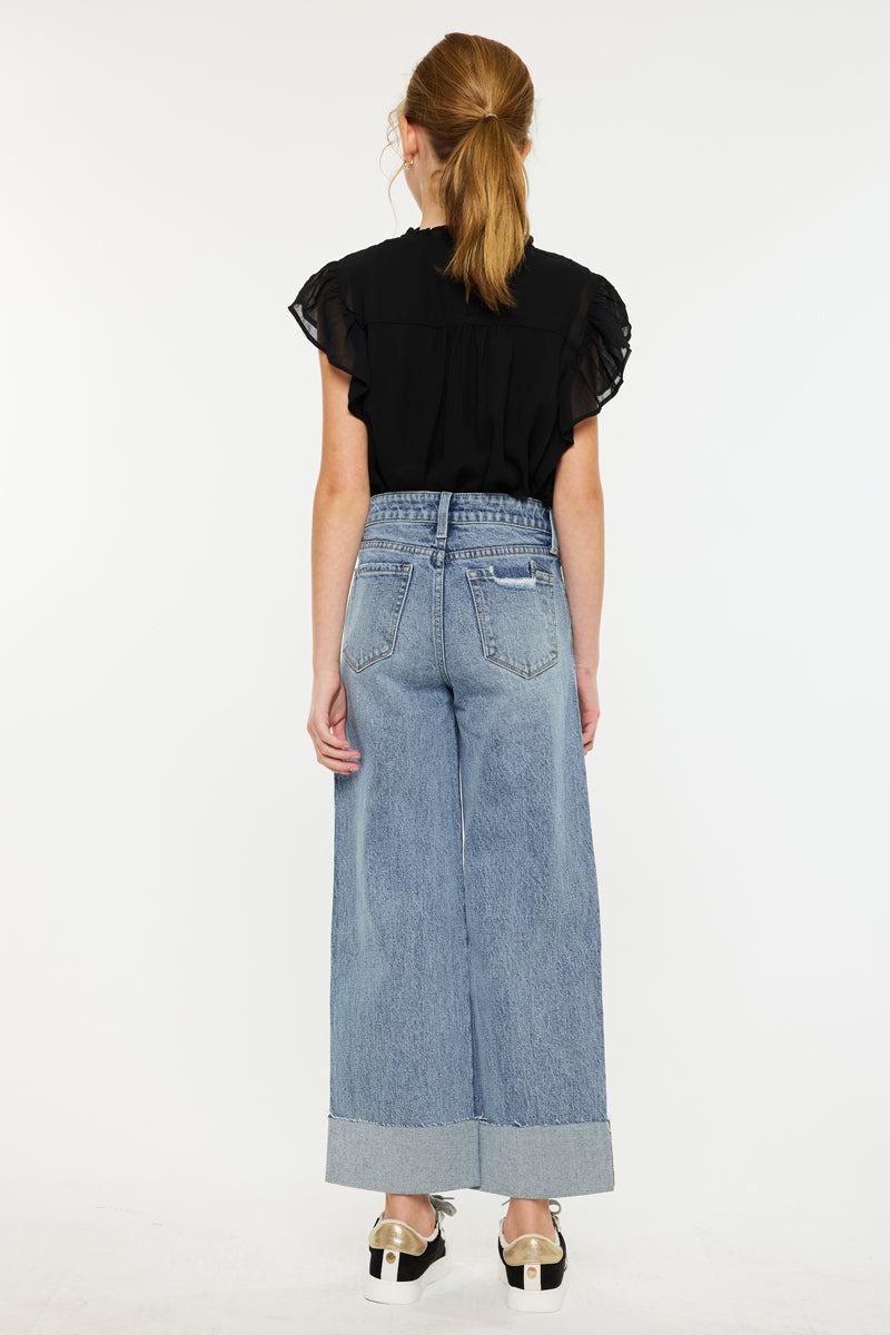 Danielle High Rise Kids Cropped Wide Leg Jeans - Trendy Stretch Denim Pants for Girls | Perfect for School, Playdates & Casual Outings