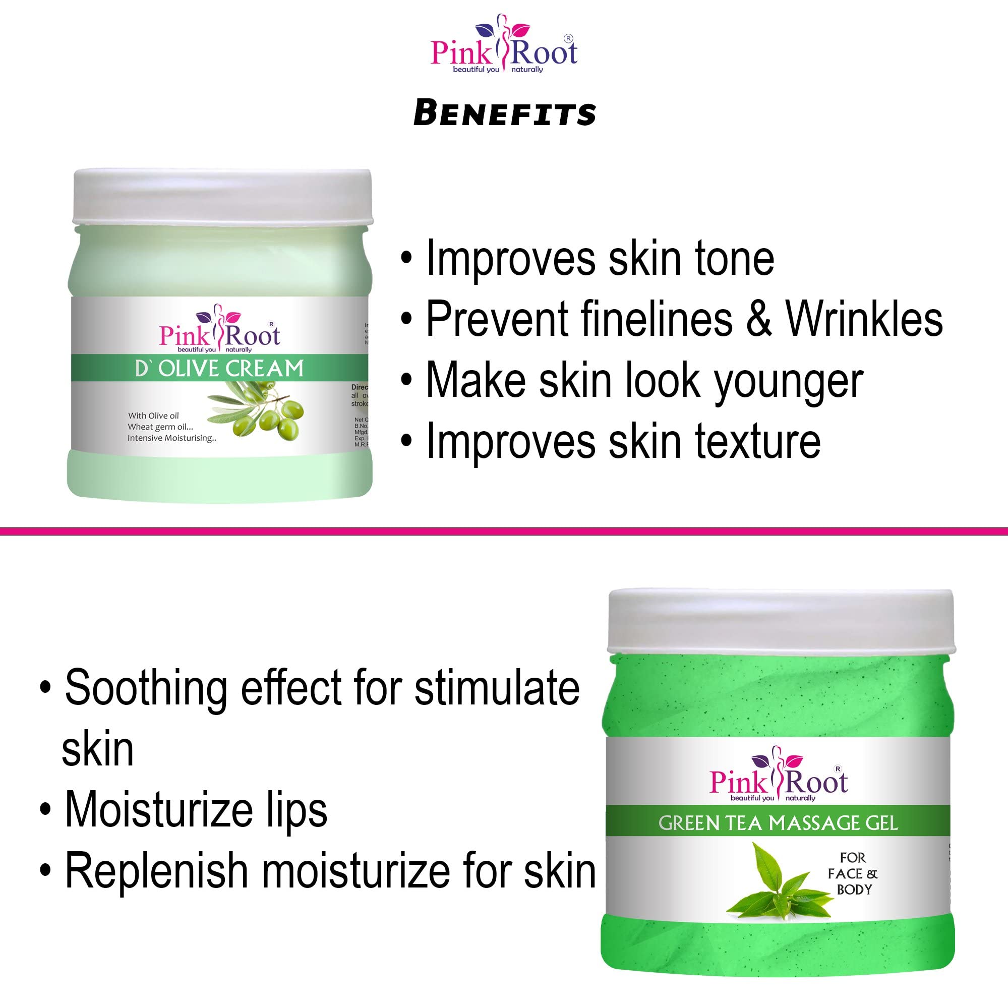 Pink Root Green Tea Massage Gel & D Olive Cream Set - 500ml Each | Soothing Herbal Therapy for Muscle Relaxation, Skin Hydration & Spa Treatments