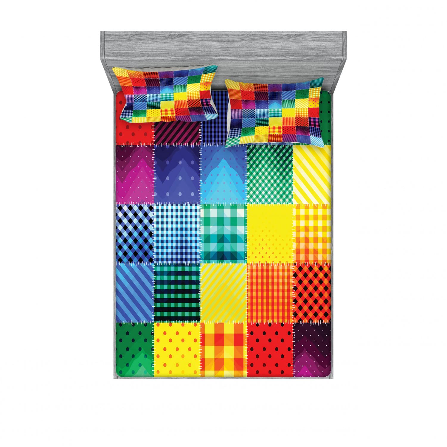Ambesonne Retro 2-Pack Full Size Fitted Sheet Set with 4 Pillow Shams - Rainbow Patchwork Design, Vibrant Multicolor Bedding Collection for Cozy Home Decor | Perfect for Guest Rooms, Dorms & Retro-Themed Bedrooms