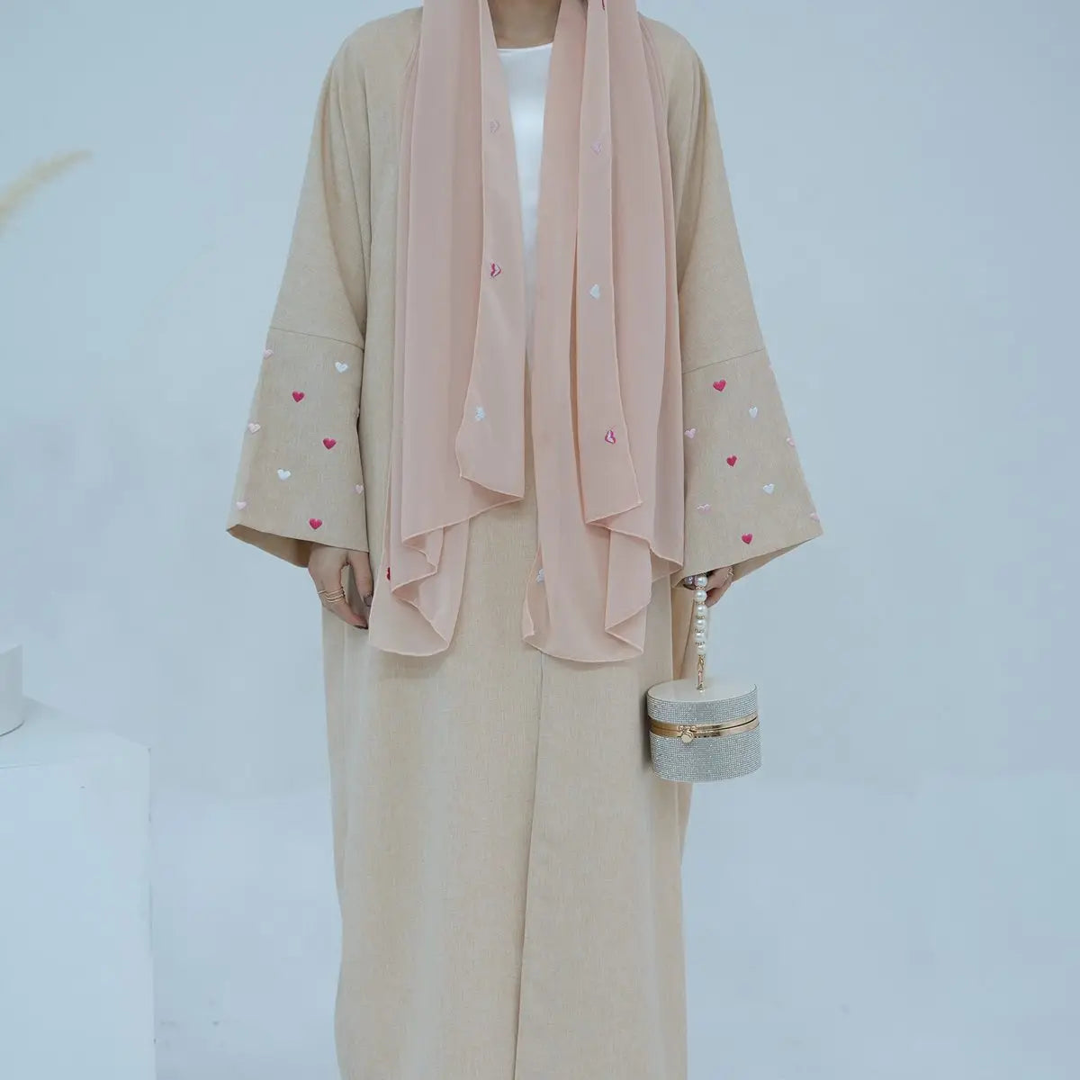 Elegant Heart Embroidery Cardigan Open Abaya Dress for Women - Boho Chic Muslim Fashion for Prayer, Home & Special Occasions