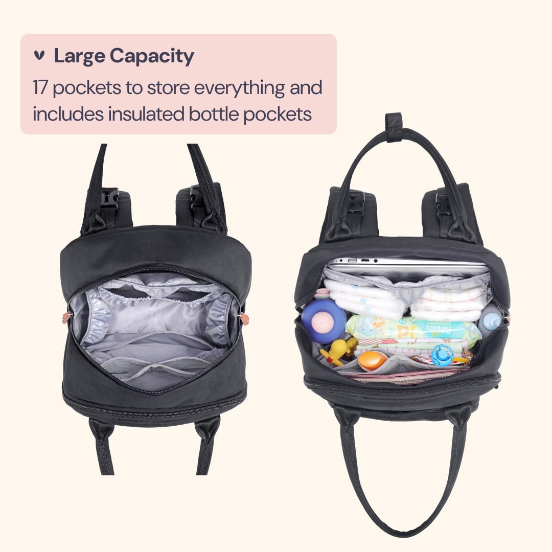 BabbleRoo Waterproof Diaper Backpack - Multifunctional Baby Travel Bag with Changing Pad, Stroller Straps & Pacifier Case - Unisex Black Diaper Bag for Parents - Perfect for Daycare, Travel & On-the-Go Parenting